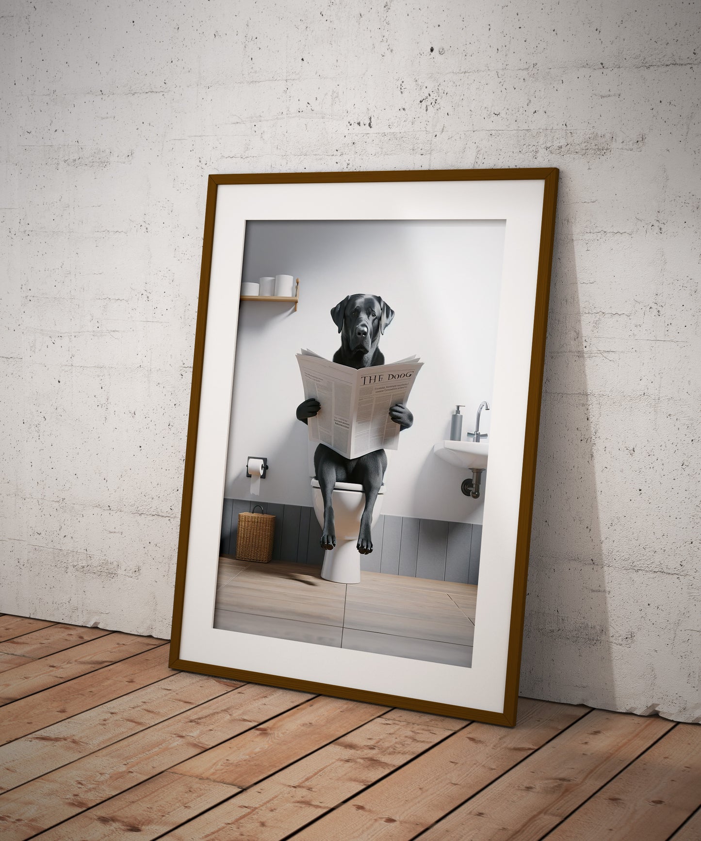 Poster labrador noir lisant le journal en cadre bois foncé et passe-partout, au sol contre un mur blanchi