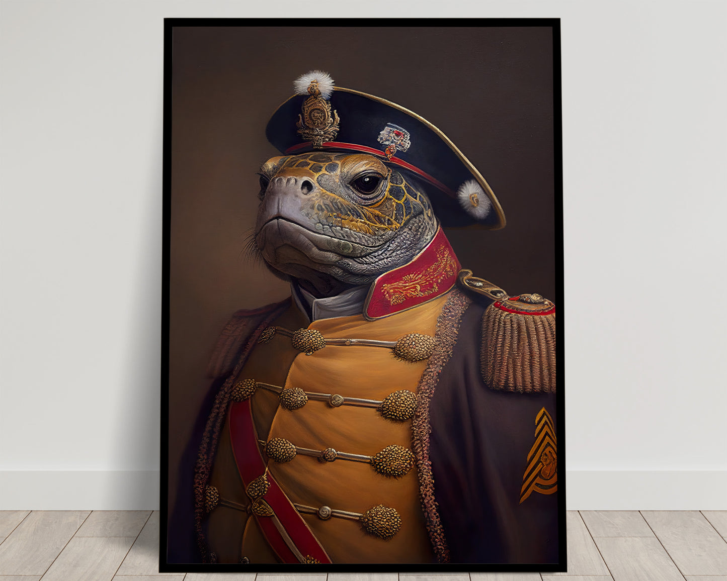 Portrait of a turtle in a black bicorne with white plume and ochre braided hussar jacket, Balthazart Studio poster
