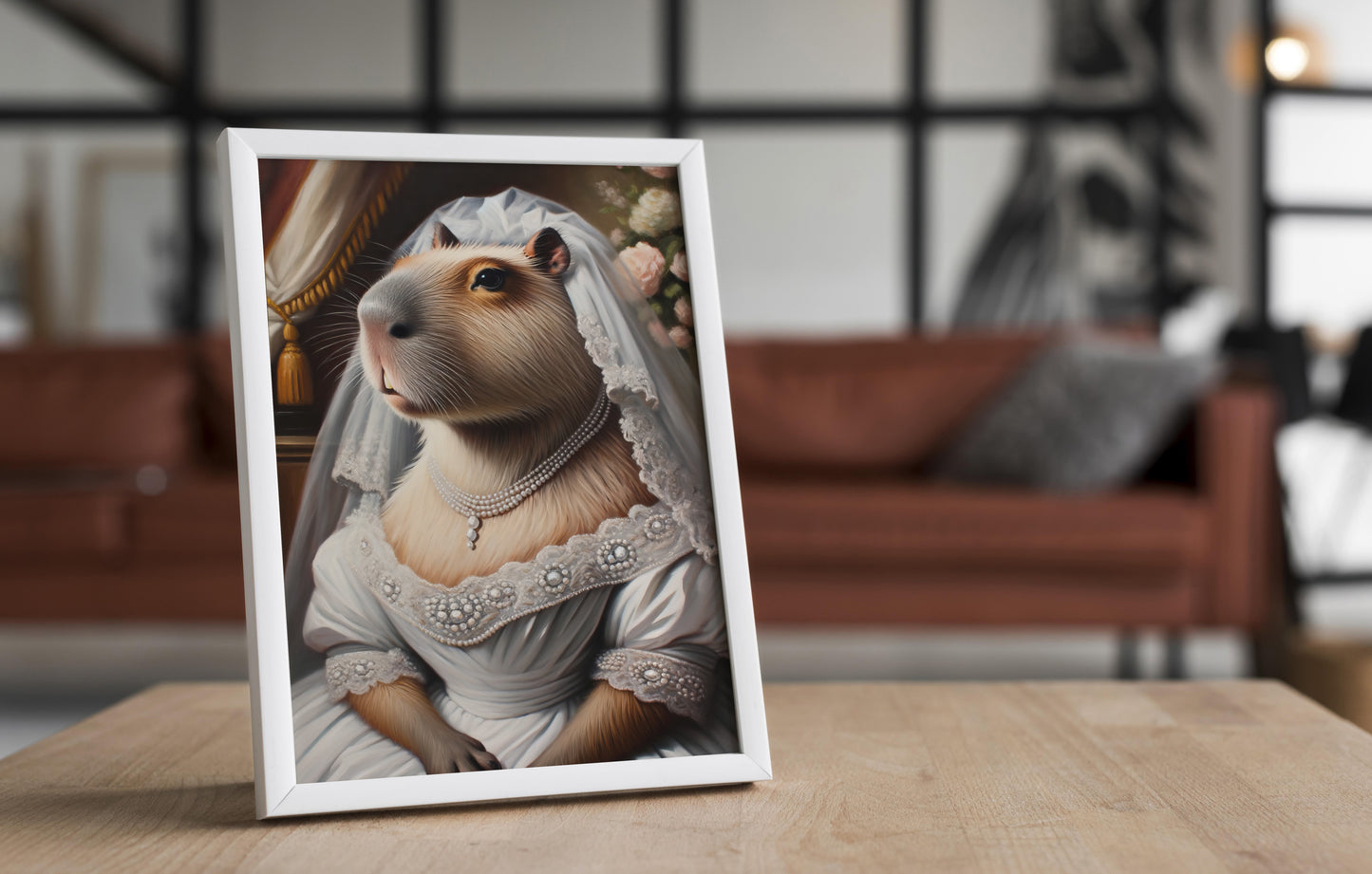 Poster capybara en robe de mariée en cadre blanc posé sur une table en bois, salon en fond
