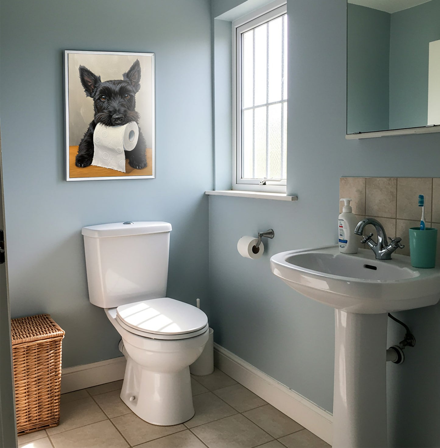 Poster scottish terrier au papier toilette en cadre blanc sur un mur bleu clair, près d'une fenêtre