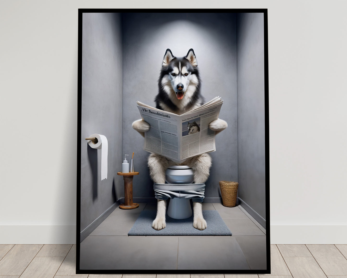 Husky aux yeux bleus lisant le journal sur les toilettes, pantalon rayé aux chevilles, tons gris, poster Balthazart Studio