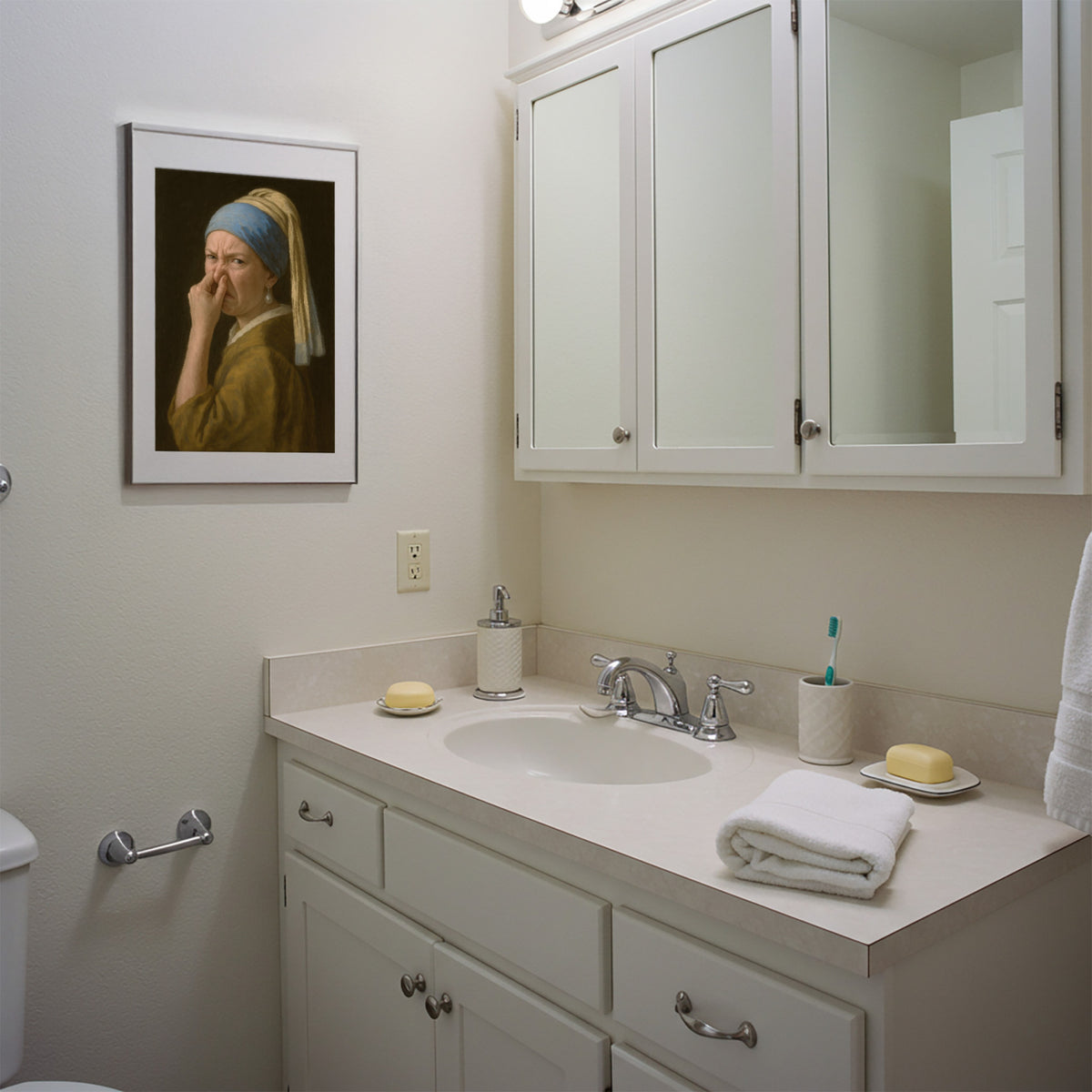 Meuble vasque blanc et armoire à miroir, poster Jeune Fille à la perle qui se pince le nez en cadre blanc au mur