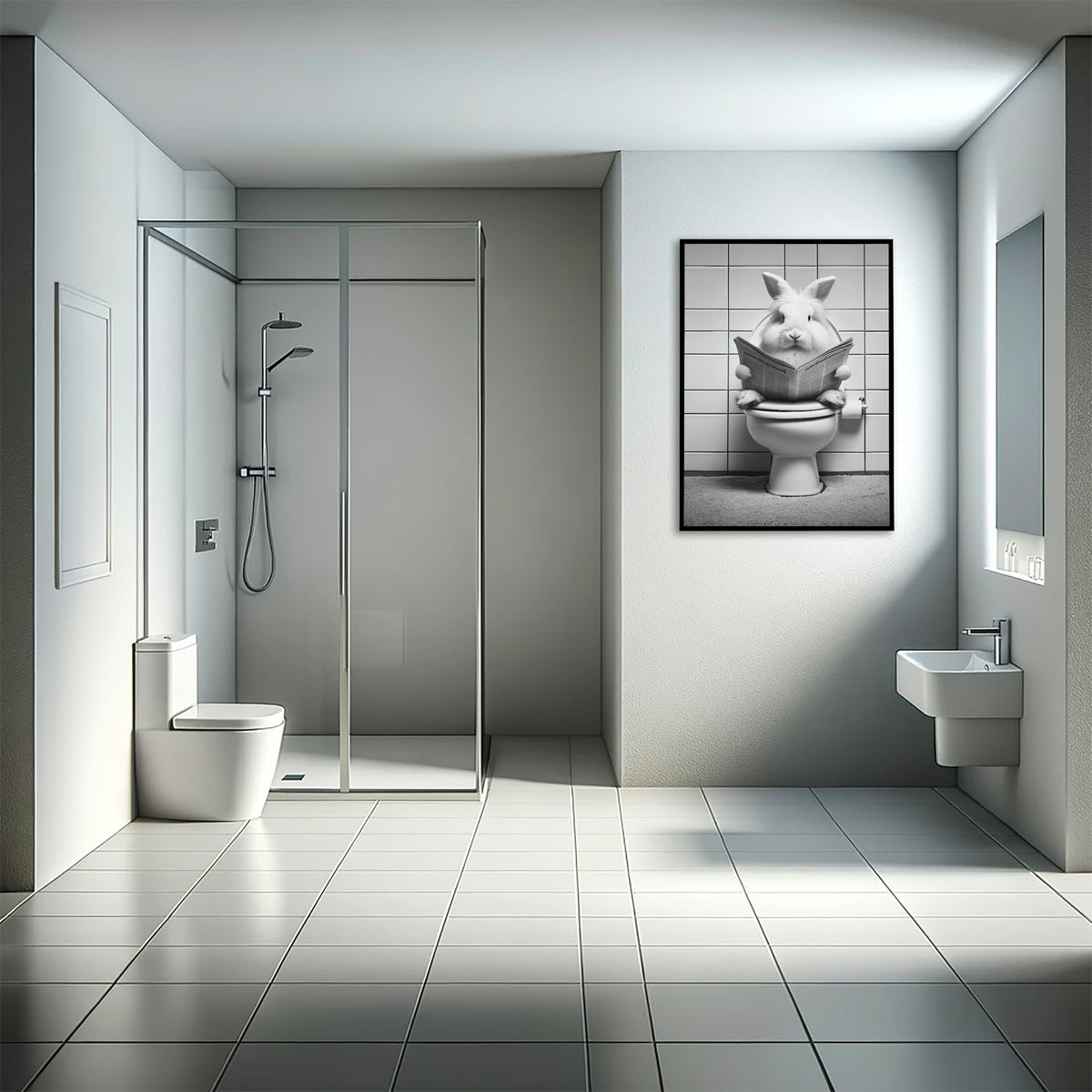 Poster lapin lisant le journal aux toilettes en cadre noir dans une salle de bain avec douche à l'italienne
