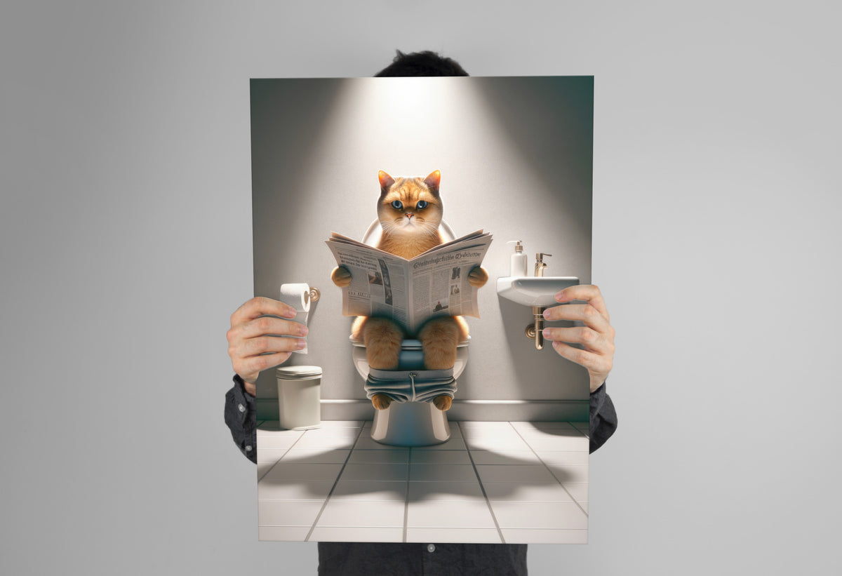 Golden shaded British Shorthair cat reading the newspaper poster held in two hands, unframed