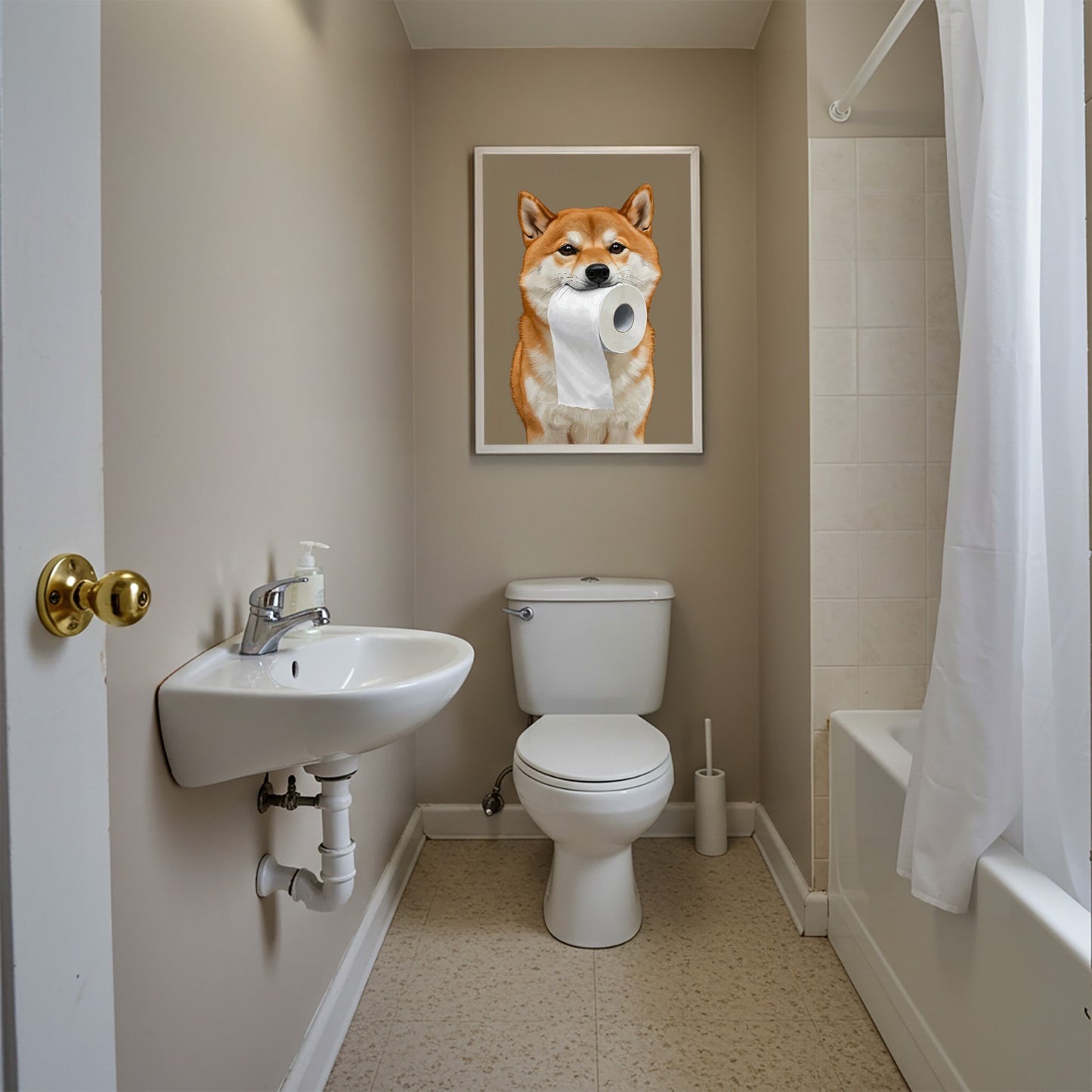 Poster Shiba Inu drôle pour WC – Affiche murale chien avec rouleau de papier toilette, déco toilette humour, idée cadeau encadrée