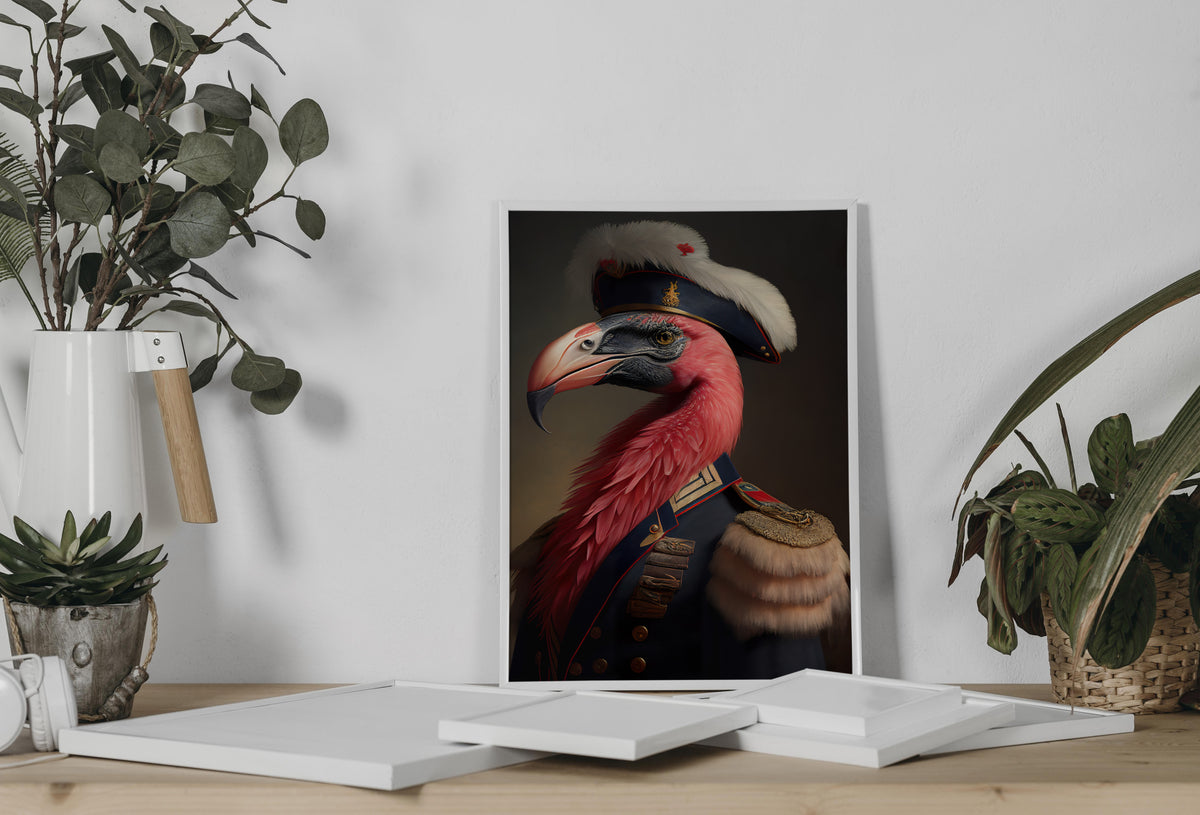 Poster flamant rose officier posé sur une étagère en bois entre des plantes vertes