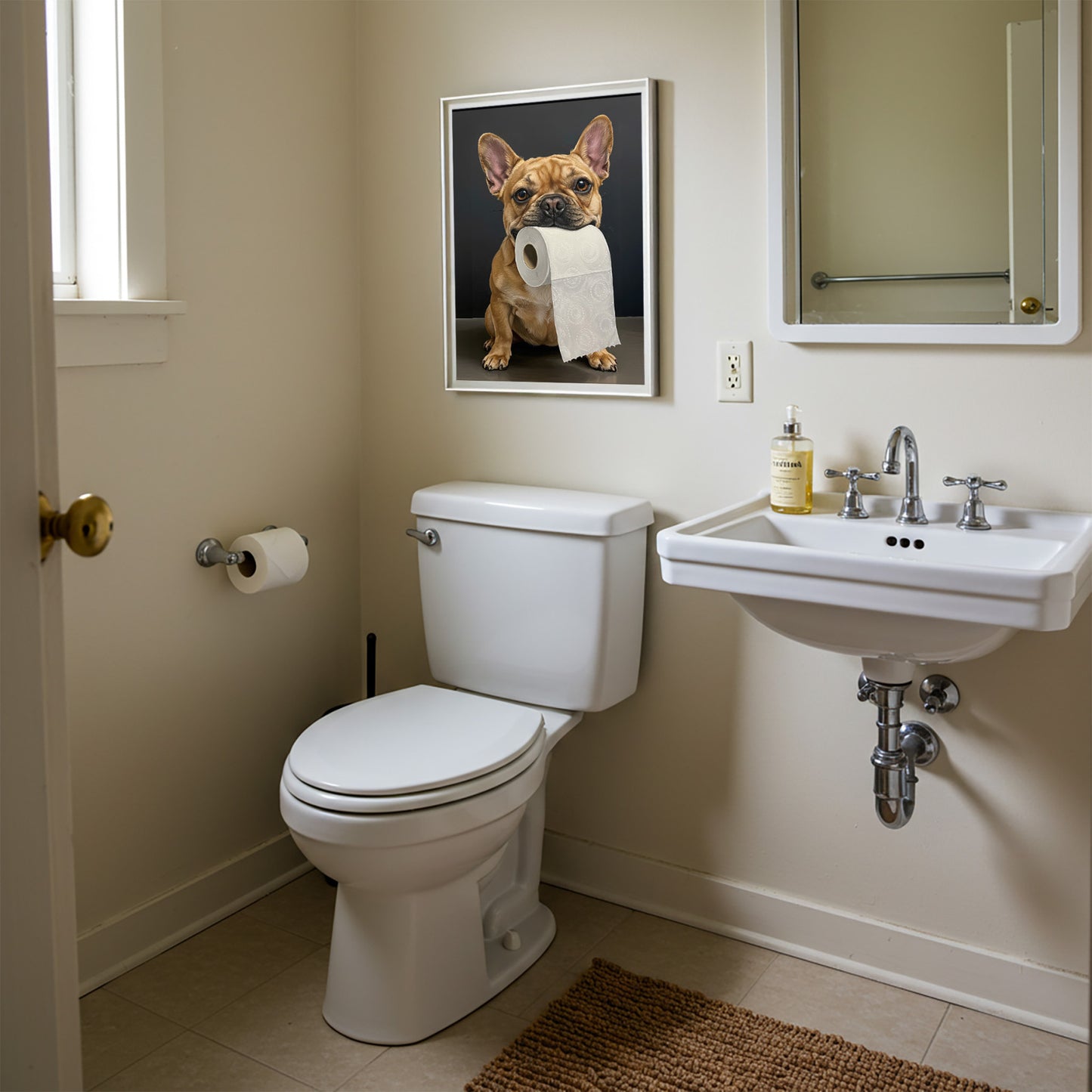 Bouledogue français fauve mordant un rouleau de papier toilette, Humour Toilettes, Poster WC, Cadeau Bulldog, Affiche encadrée, Poster