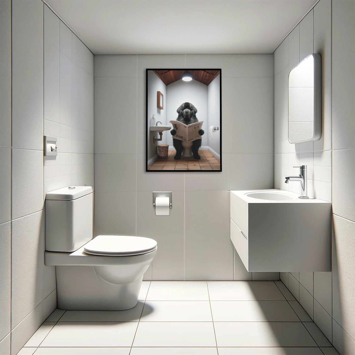 Poster Terre-Neuve noir sur toilettes lisant journal - Déco WC humour, cadre salle de bain, cadeau fun