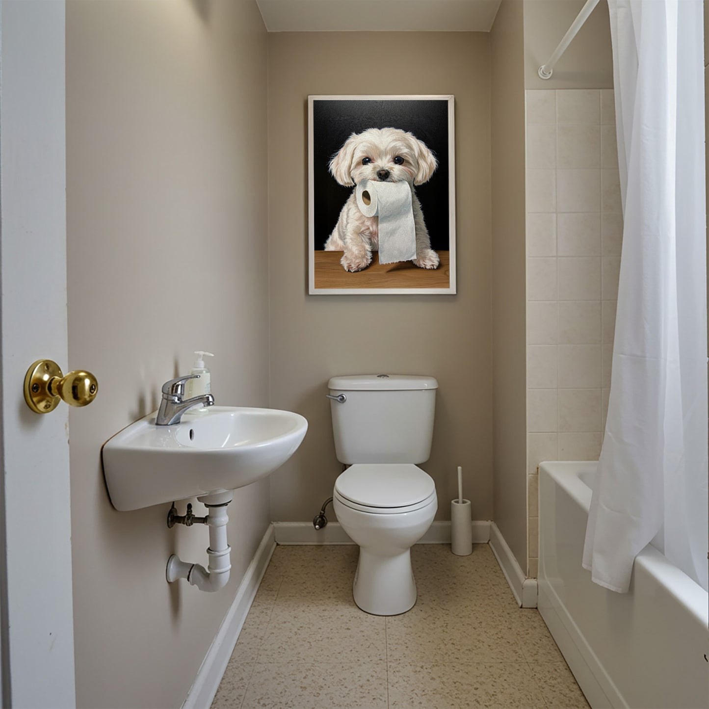 Maltese toilet paper poster above the toilet in a beige bathroom with a tub