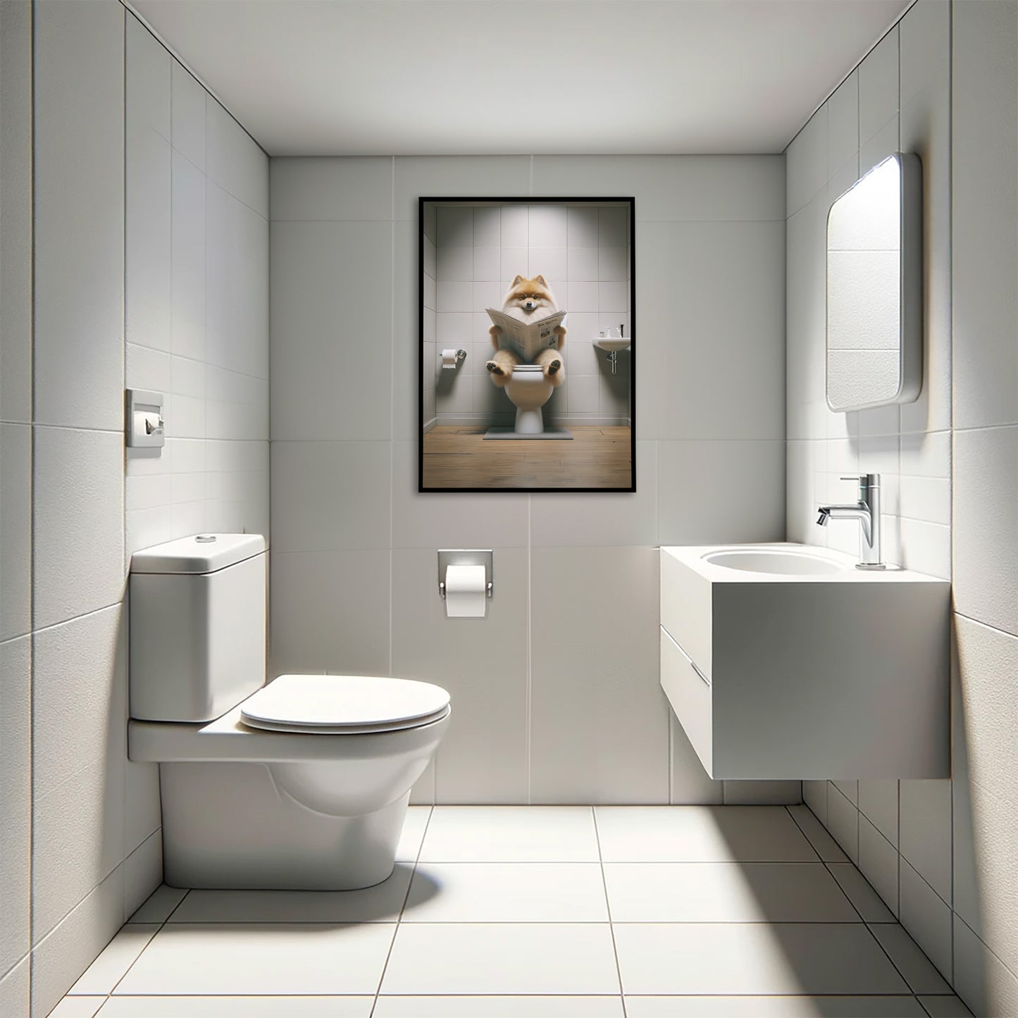 Poster Humoristique : Spitz Allemand Lisant sur les Toilettes | Décoration WC | Cadeau Original Salle de Bain