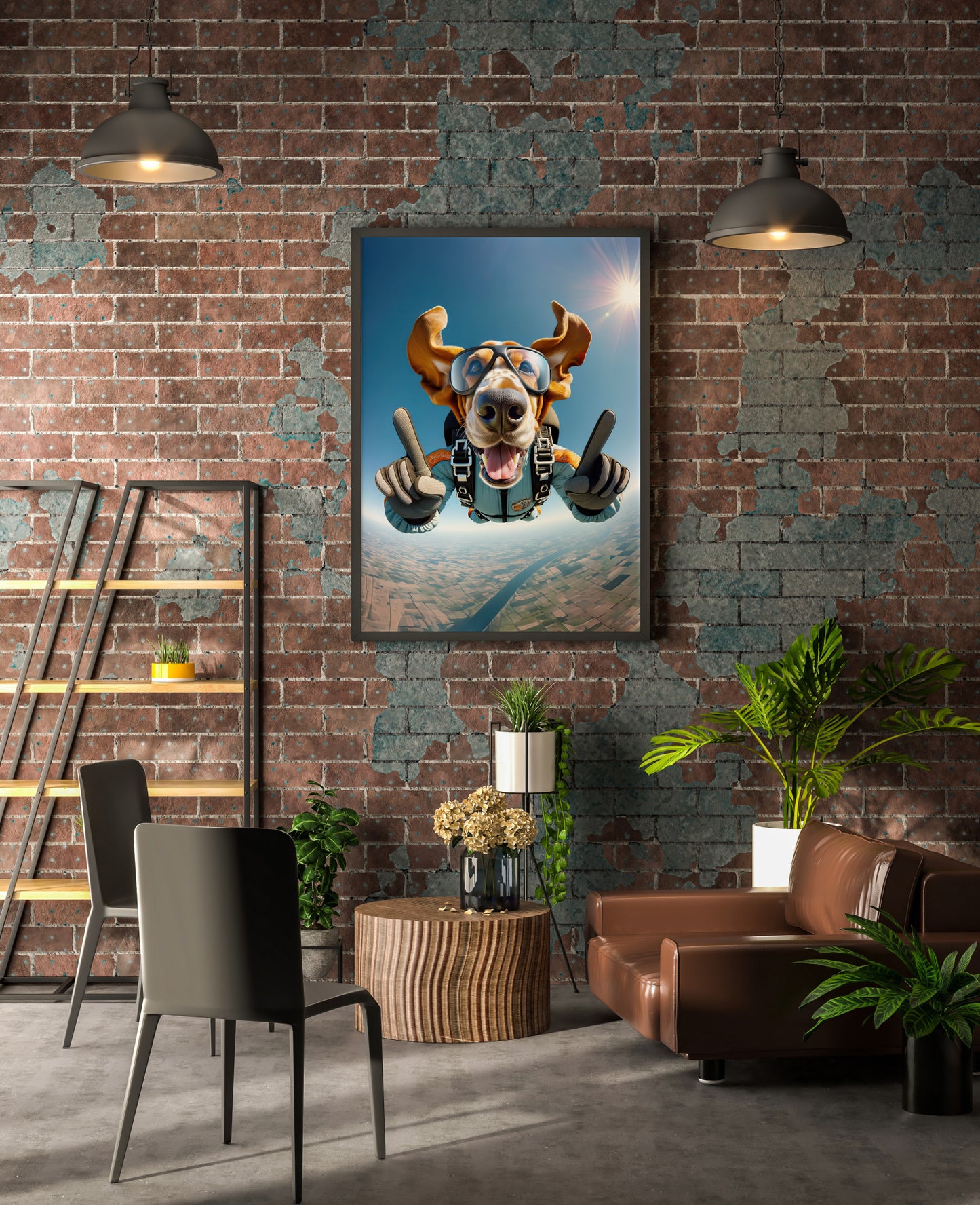 Poster Basset Hound en chute libre en cadre noir sur un mur de briques, loft industriel avec suspensions et plantes