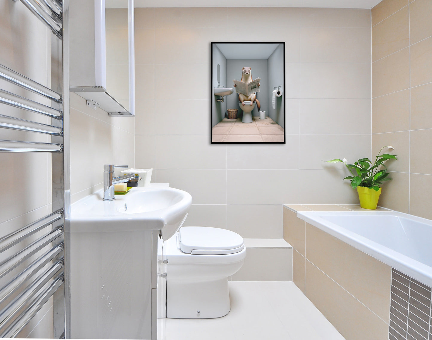 Poster Humour: Fouine lisant le journal aux toilettes - Décoration WC originale, Cadre Salle de bain, Idée cadeau amusante