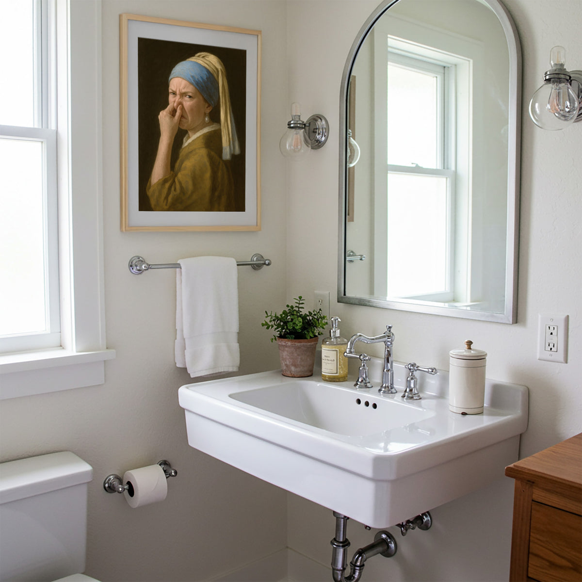Salle de bain claire, poster Jeune Fille à la perle qui se pince le nez en cadre bois clair à côté du miroir arqué