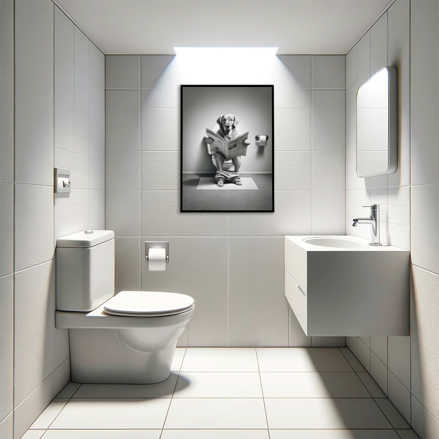 Poster golden retriever lisant le journal en cadre noir au-dessus d'un WC suspendu, toilettes carrelées