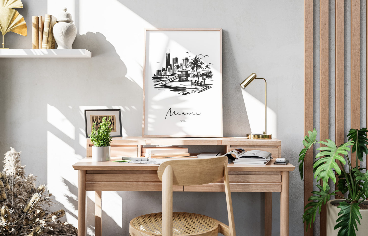 Affiche murale paysage Miami noir et blanc - Poster décoratif salon, chambre, bureau - Art mural chic idéee cadeau