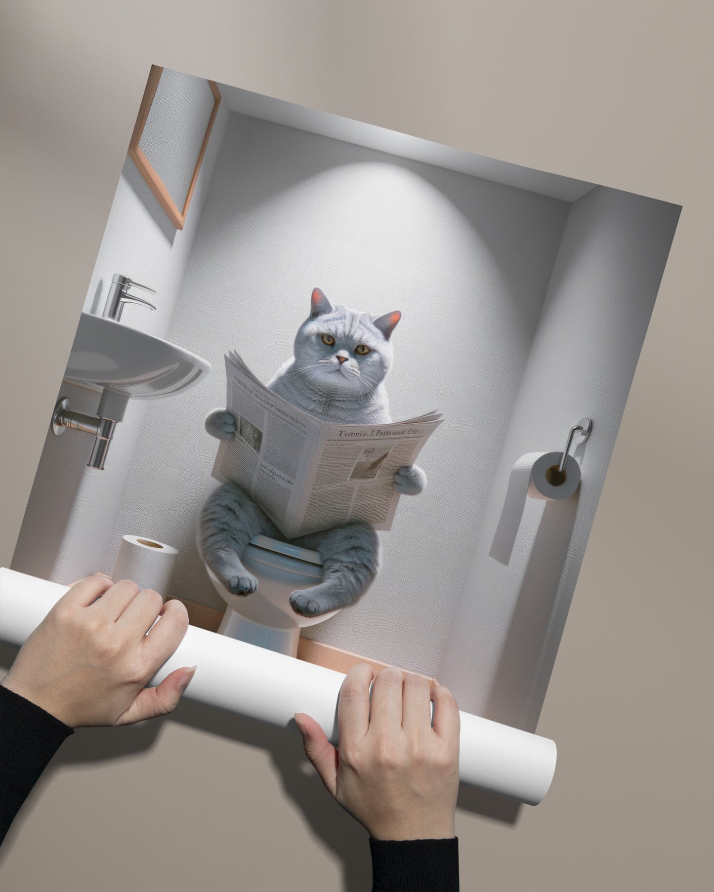 Affiche Murale Humour Chat British Shorthair sur Toilettes - Déco WC et Salle de Bain, Cadeau Original