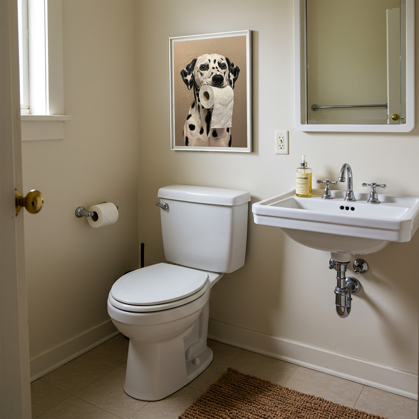 Poster WC Dalmatien mordant rouleau papier toilette - Humour, décoration toilettes, cadeau chien, affiche encadrée murale