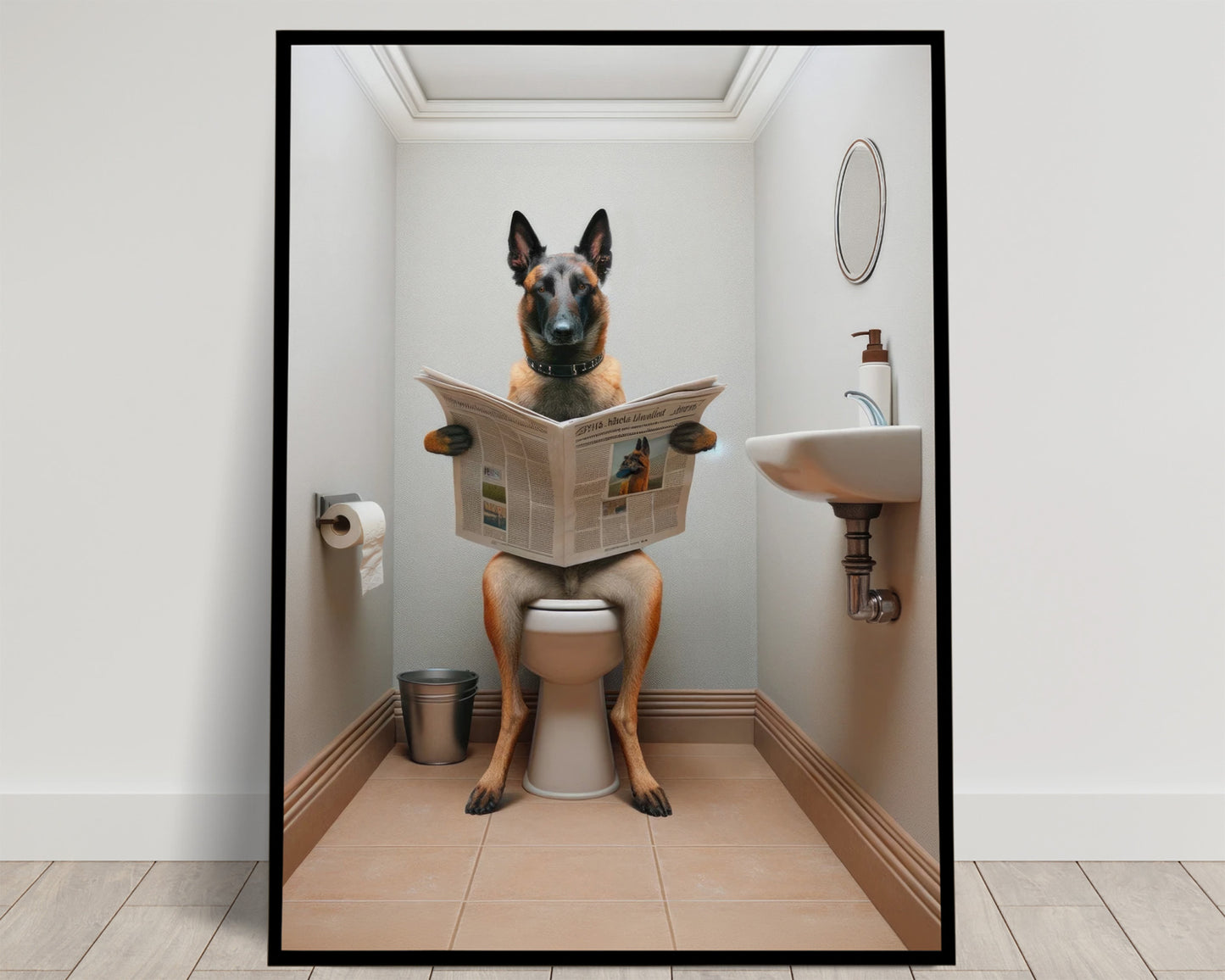 Poster Malinois lisant le journal, Déco WC humoristique, Cadre déco Salle de bain, Idée cadeau Chien Fun