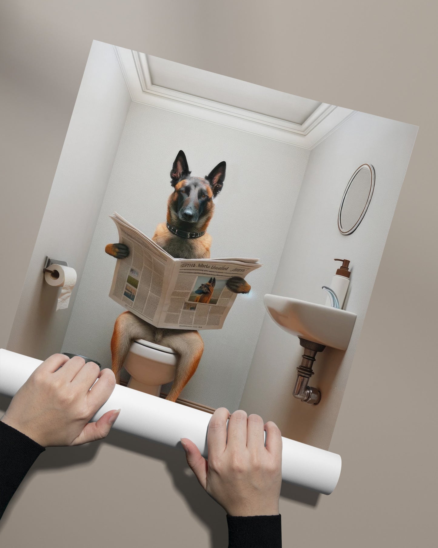Poster Malinois lisant le journal, Déco WC humoristique, Cadre déco Salle de bain, Idée cadeau Chien Fun