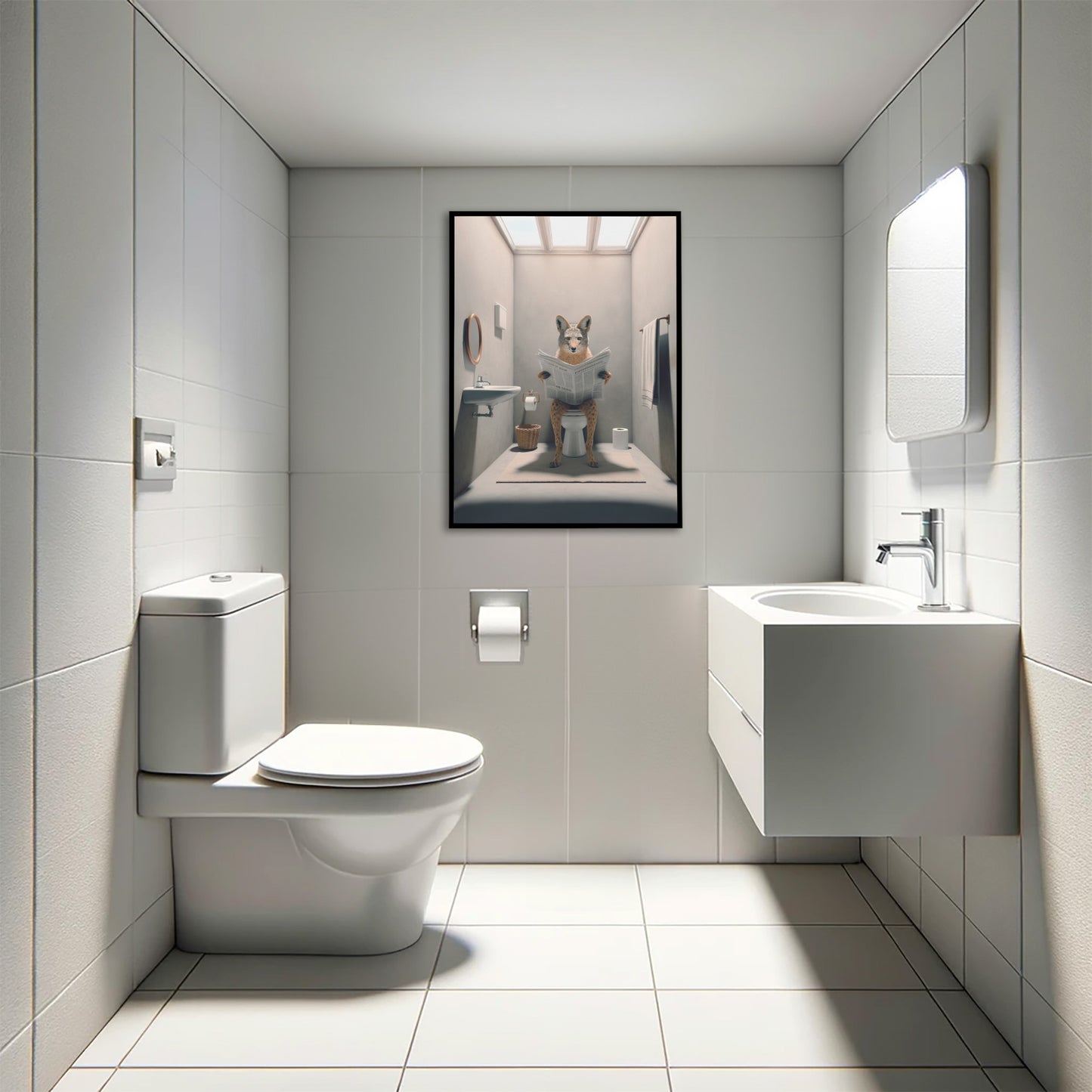 Black framed jackal reading the newspaper print in a modern restroom with pale tiles