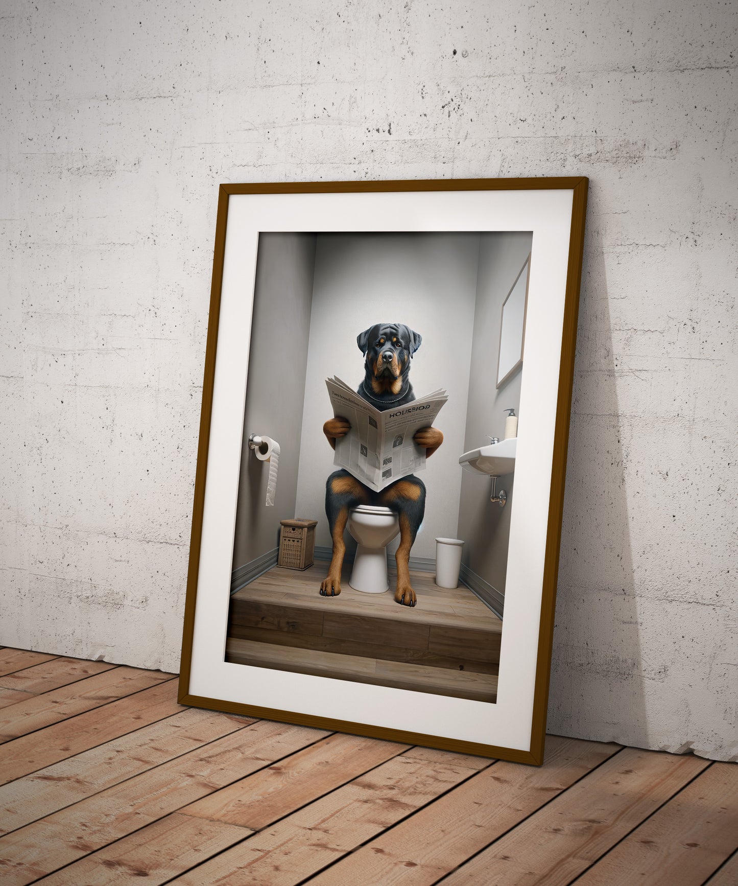 Poster d'un Rottweiler lisant le journal, Décoration Humour WC, Cadre Salle de bain, Poster Toilettes, Cadeau Drôle