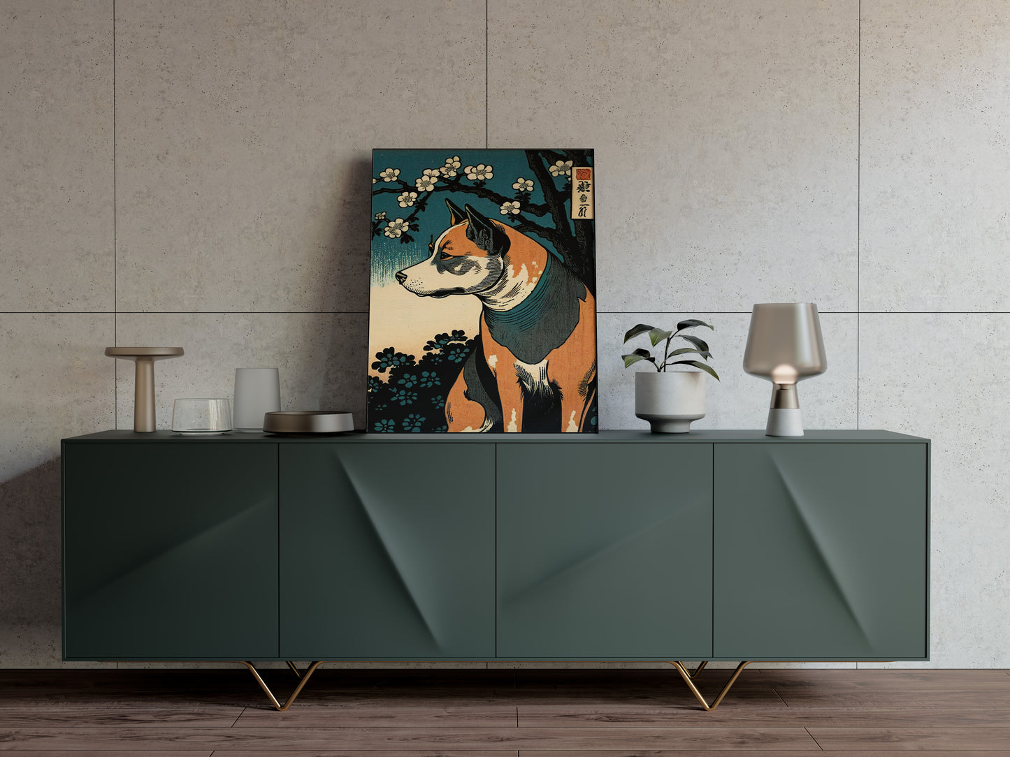 Poster chien art japonais posé sur un buffet vert sapin, mur beige texturé