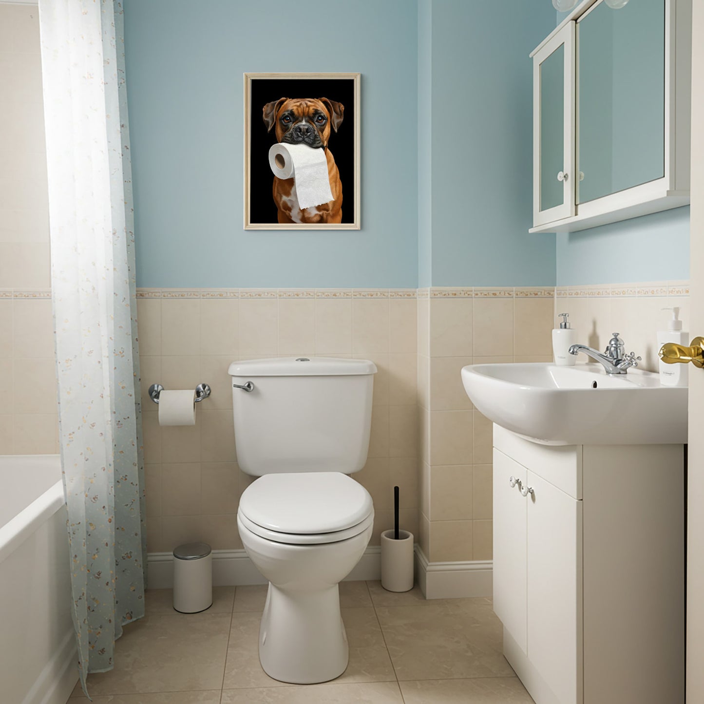Boxer with toilet paper poster on a light blue wall above the toilet
