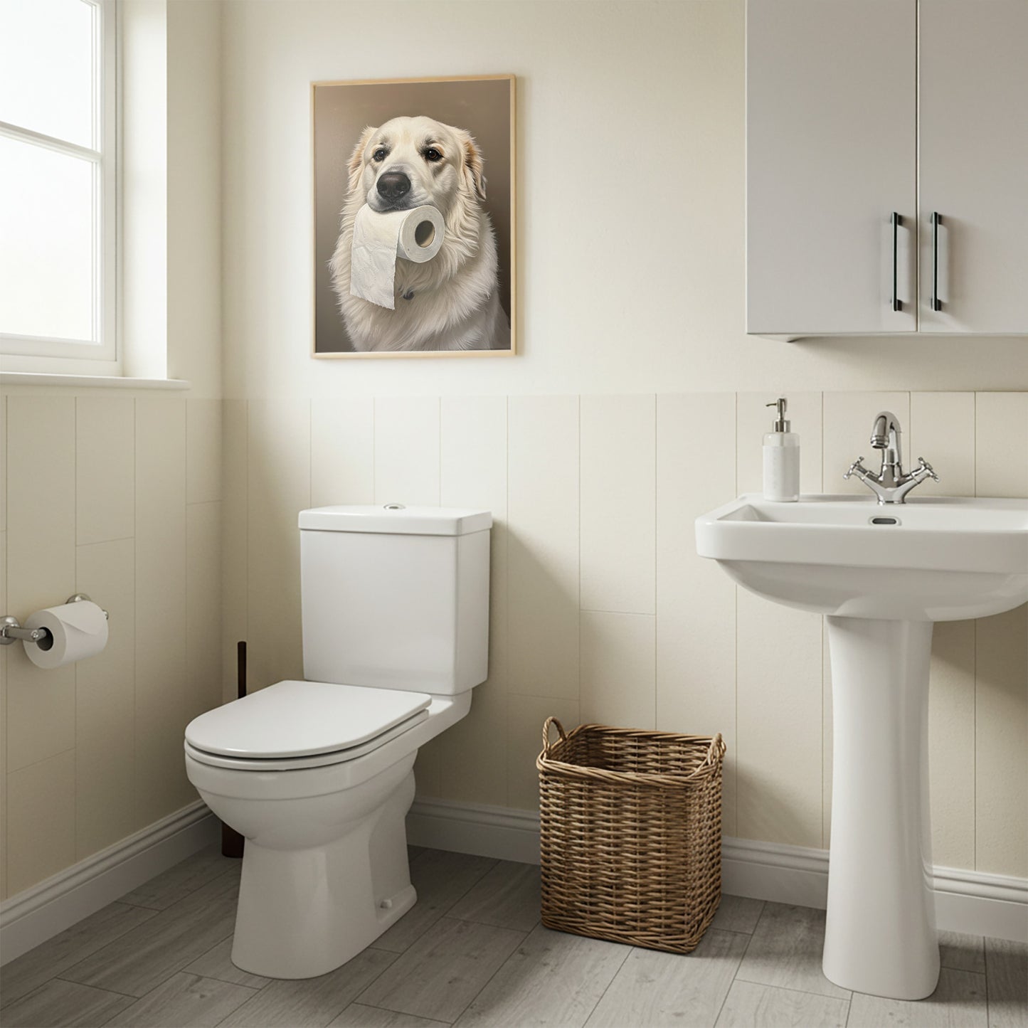 Poster montagne des Pyrénées au papier toilette en cadre bois clair, toilettes crème et panier en osier