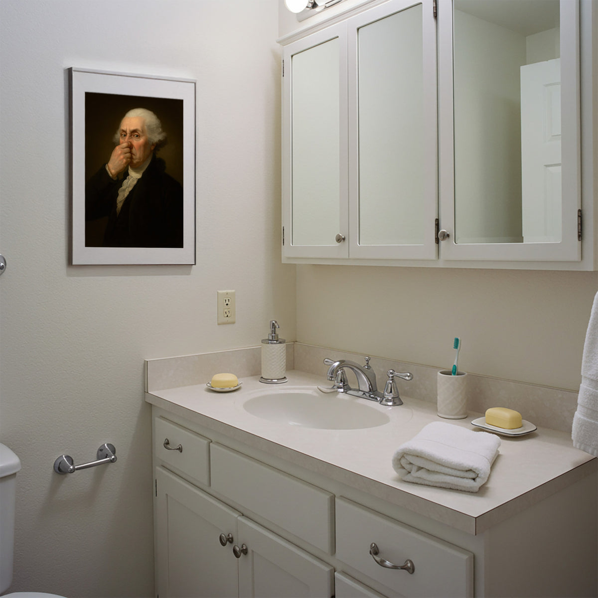 Meuble vasque blanc et armoire à miroir, poster Washington qui se pince le nez en cadre blanc au mur