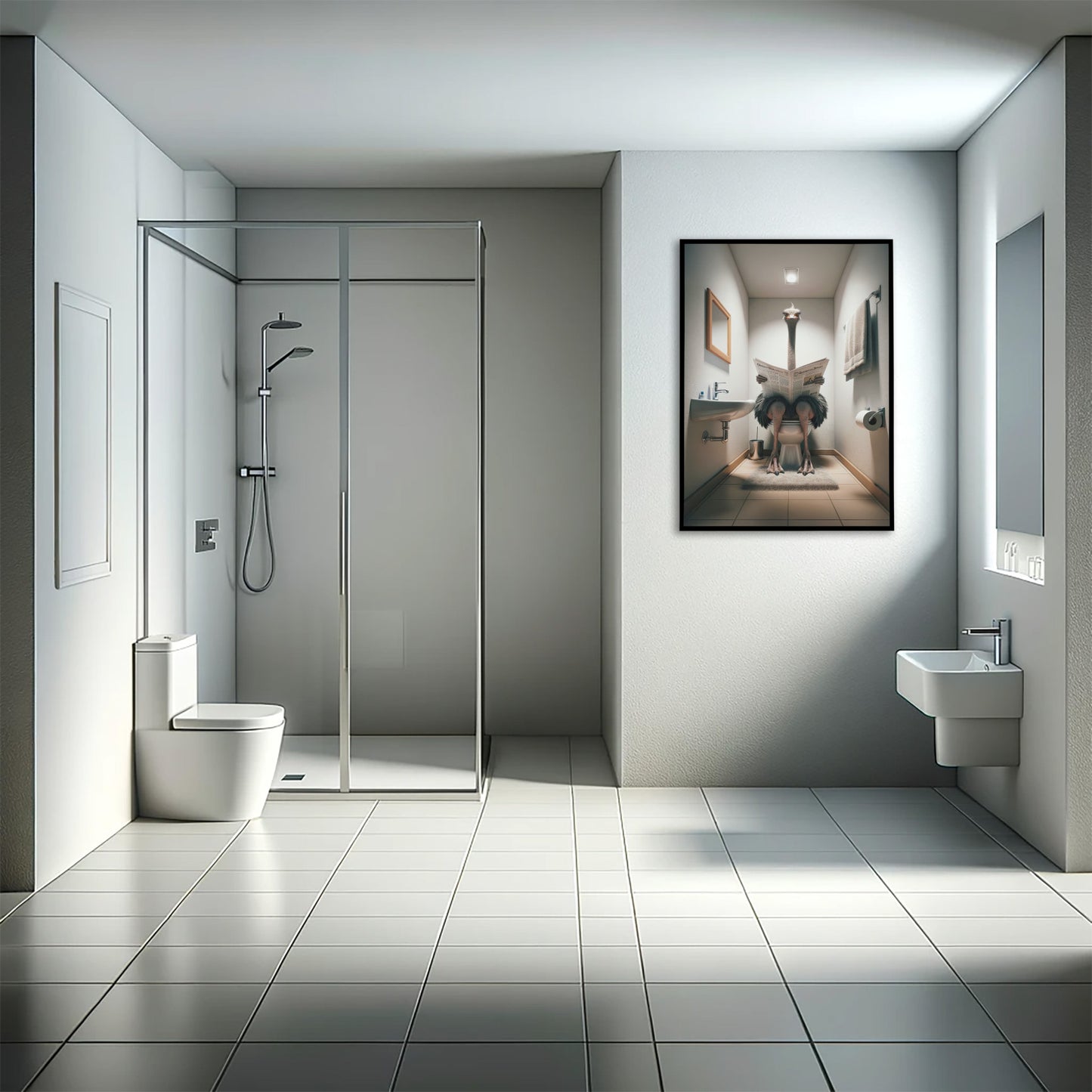 Modern gray shower room with a black framed ostrich reading the newspaper poster on the wall