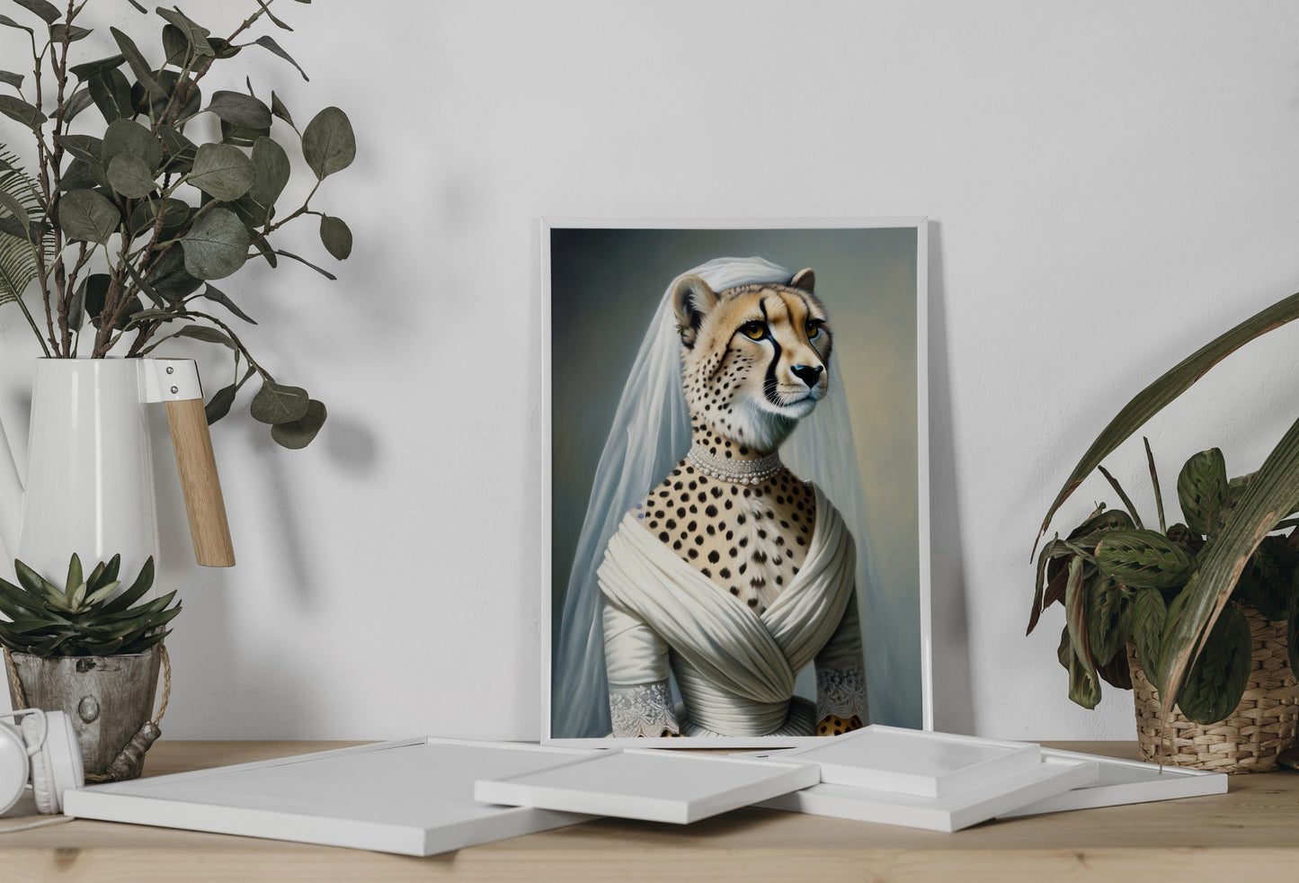 Cheetah in wedding dress poster leaning on a console between eucalyptus and a potted plant