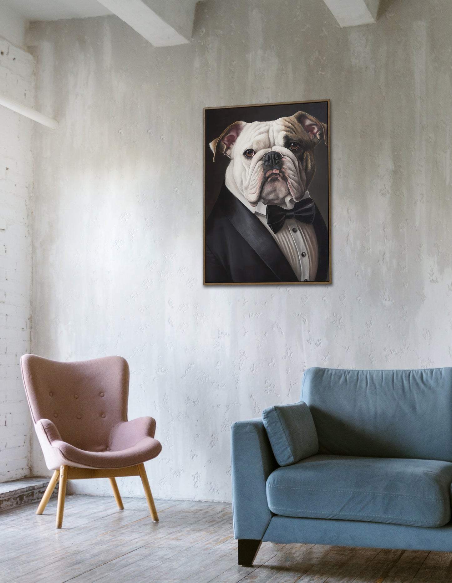 English bulldog tuxedo poster hung on a concrete wall above a pink armchair and a blue sofa