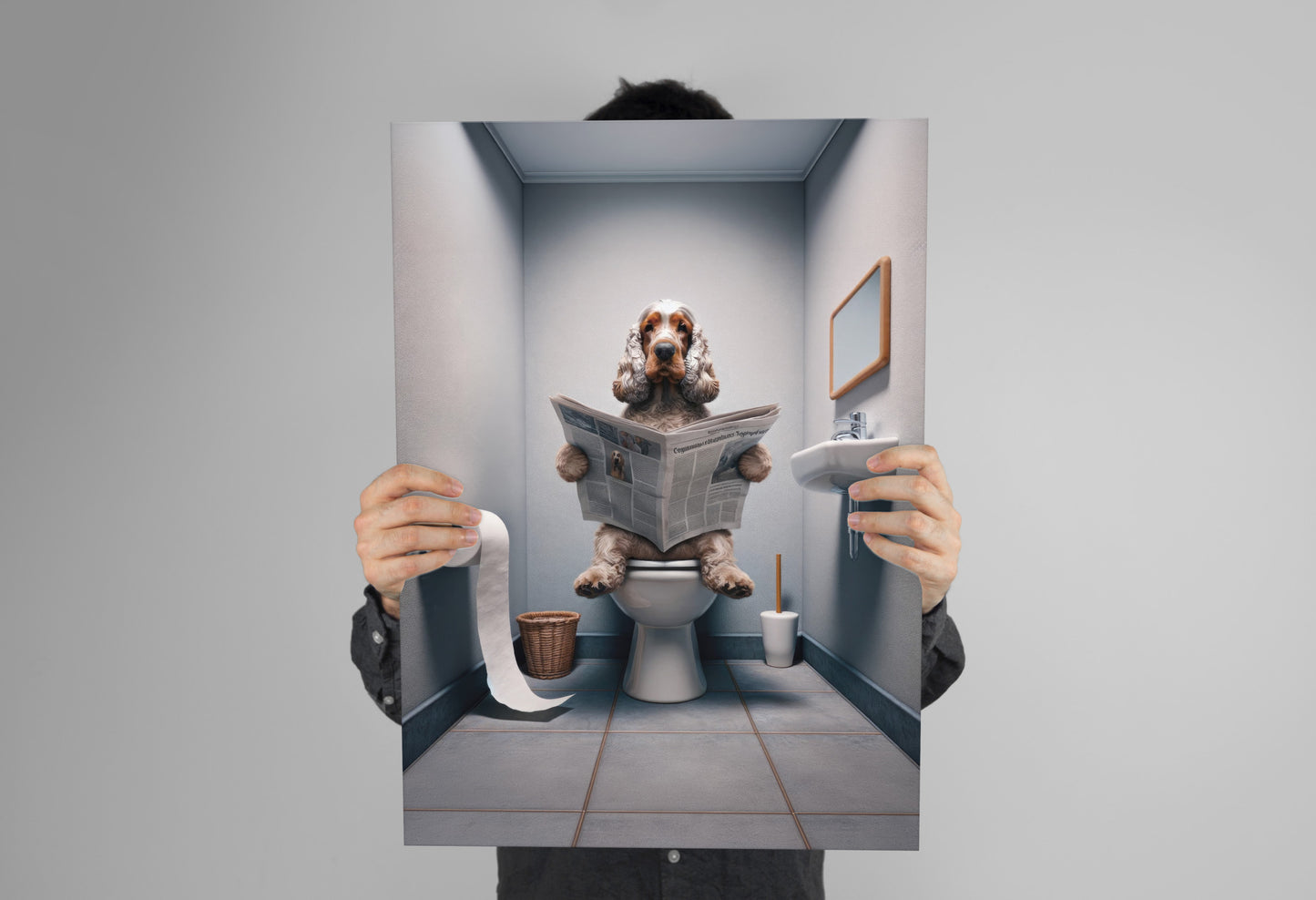 Poster Cocker lisant le journal tenu à deux mains devant un mur gris
