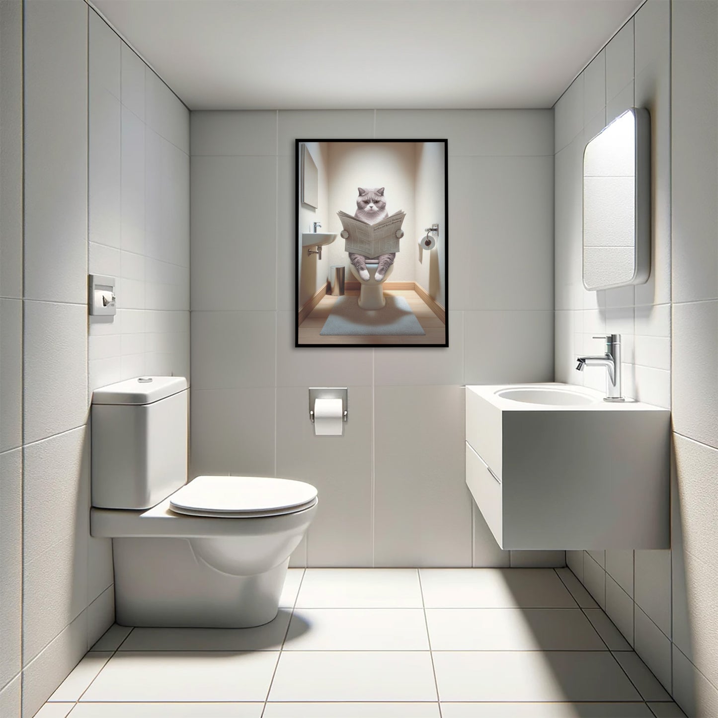 Affiche murale Chat British Shorthair Lilas-Blanc sur toilettes, Déco WC Humour, Poster Salle de Bain Cadeau