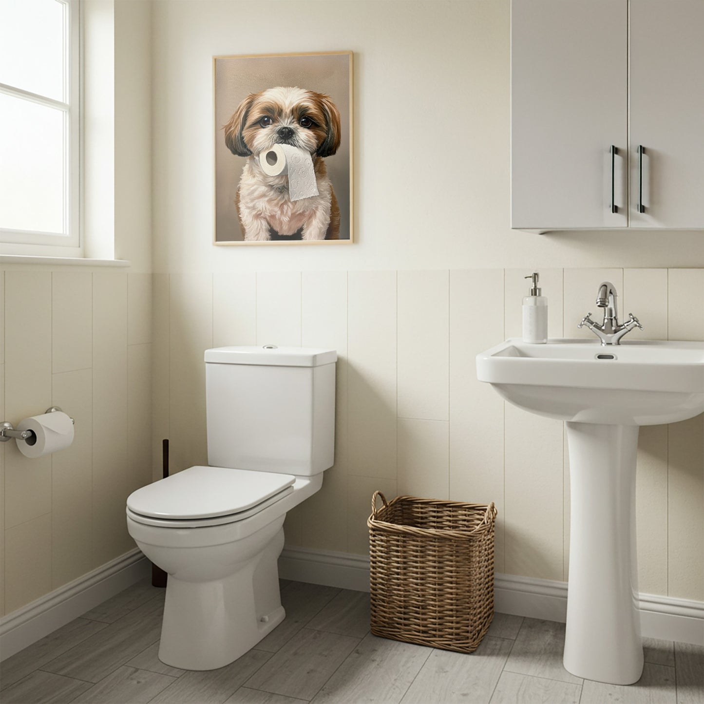 Poster chien Shih Tzu drôle pour WC, décoration murale toilettes, affiche humoristique, idée cadeau original, cadre inclus