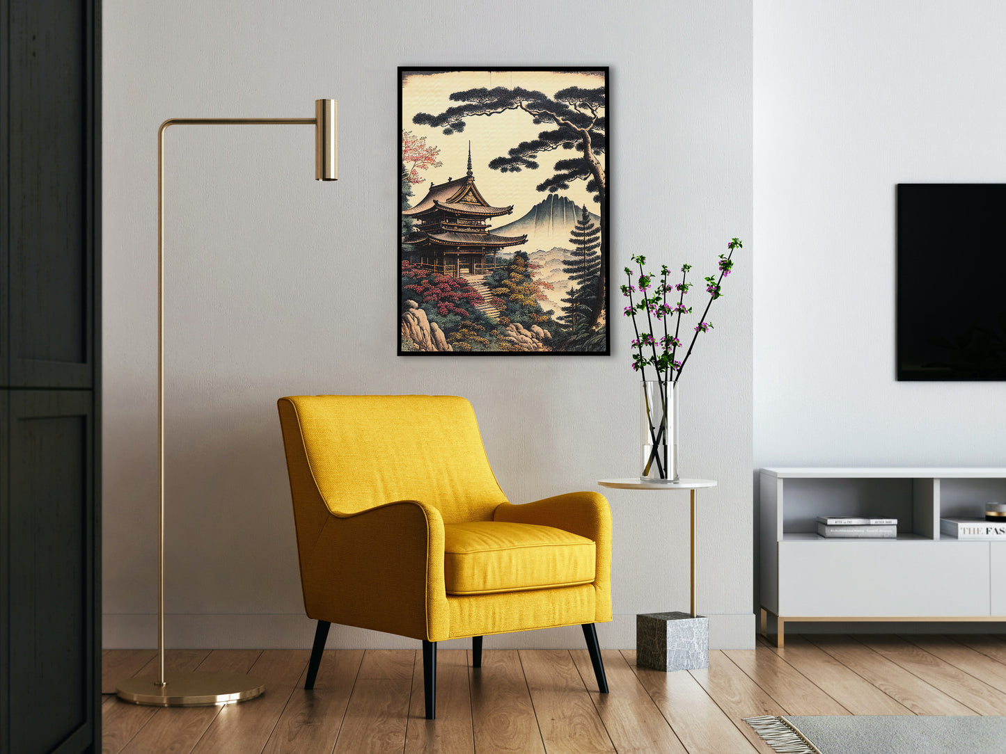 Japanese Temple Wall Poster – Artistic Japanese Style Illustration, Rural Landscape Wall Decor, Frameable Poster