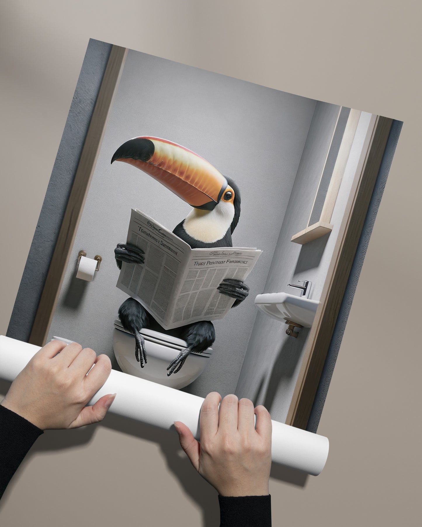 Poster Humour Toucan lisant aux Toilettes - Décoration Salle de Bain Amusante - Idée Cadeau Fun