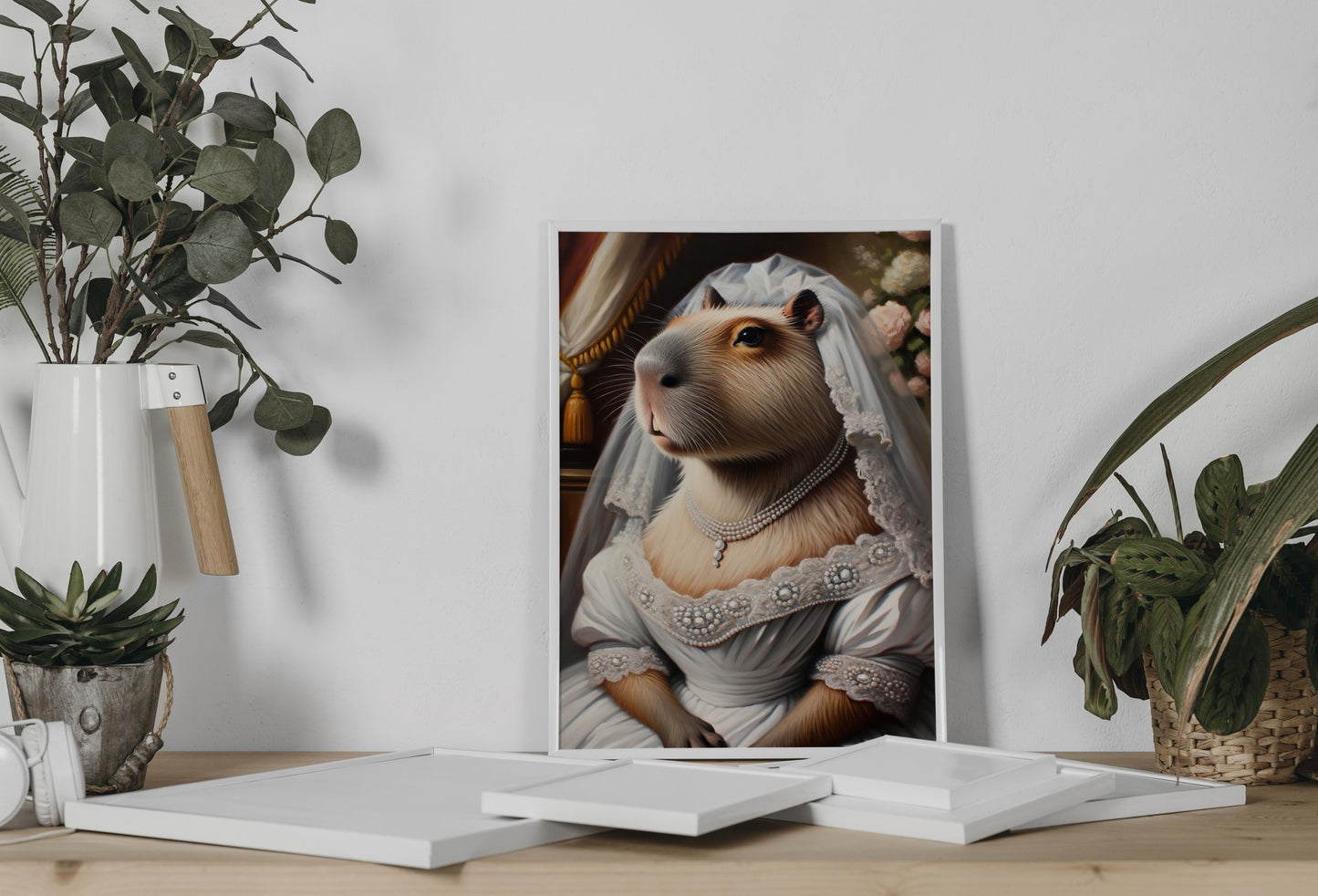 Poster capybara en robe de mariée en cadre blanc posé sur une étagère entre des plantes