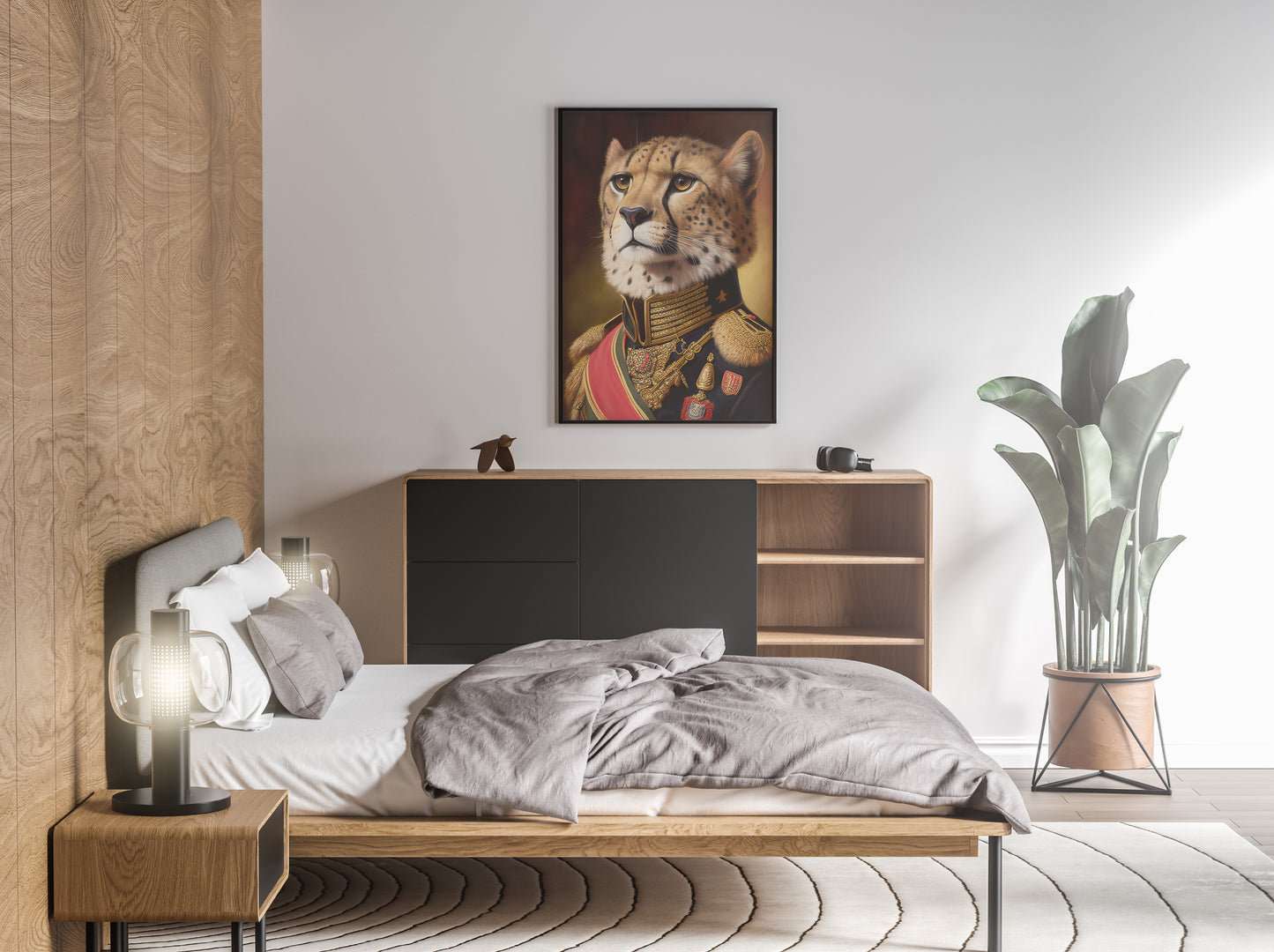 Poster guépard en uniforme au-dessus d'un lit aux draps gris, chambre claire