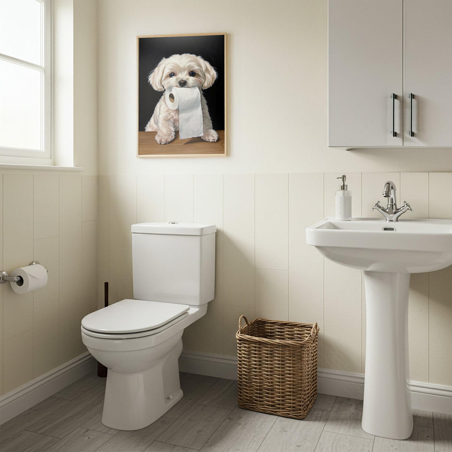 Maltese toilet paper poster in a natural wood frame, cream restroom with wicker basket