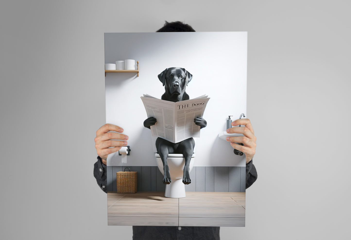 Poster labrador noir lisant le journal tenu à deux mains devant un mur gris