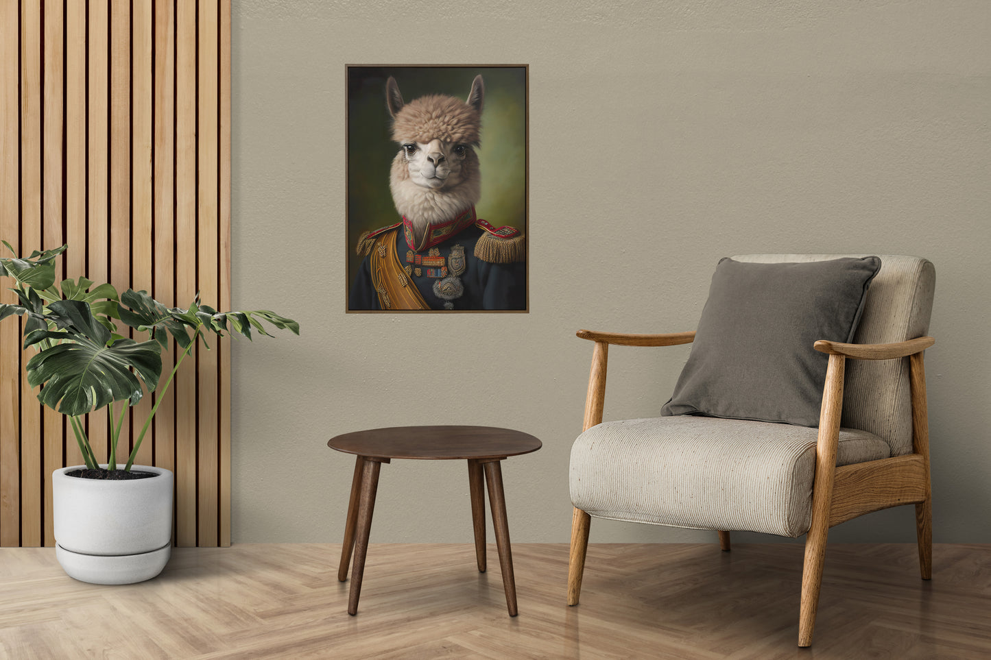 Alpaca in military uniform poster on a taupe wall above a beige armchair next to wooden slats