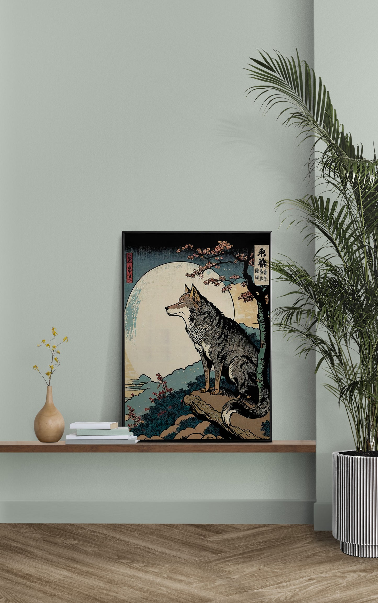 Poster loup style japonais posé sur une étagère murale, mur vert sauge et palmier