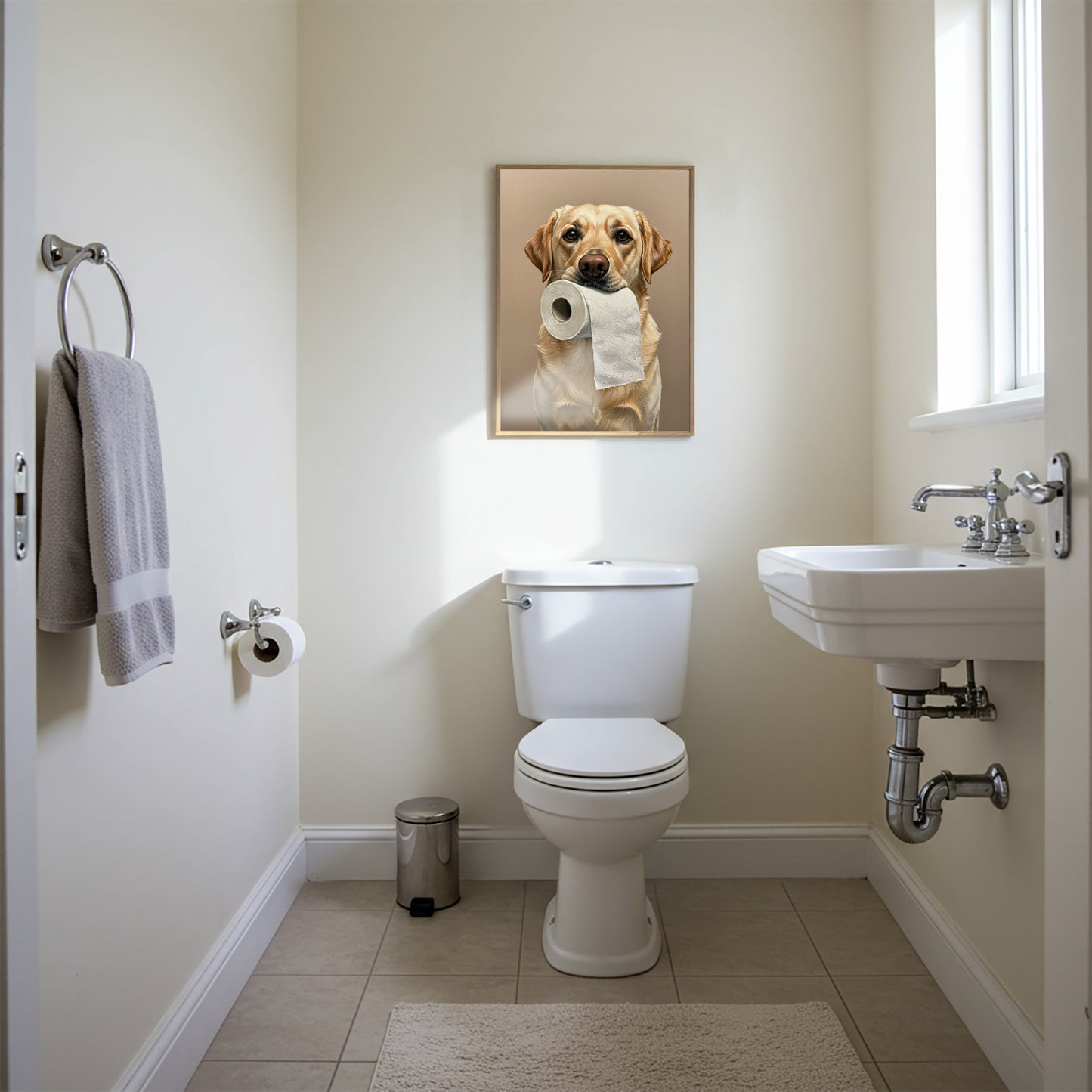 Poster Chien Labrador Sable Humour pour WC – Affiche Murale Décorative, Idée Cadeau Toilette, Encadrée ou Non, Art Mural Canin