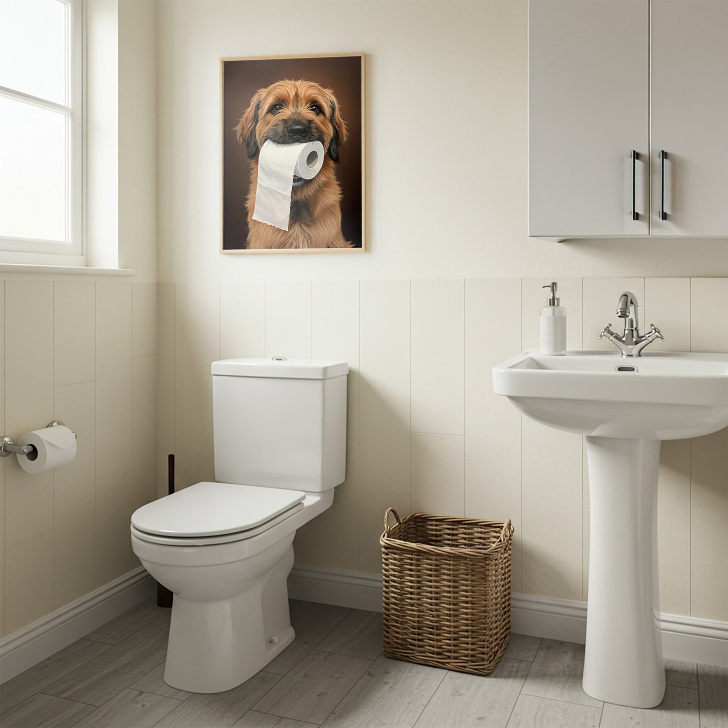 Poster Briard en cadre bois clair au-dessus des WC, panier en osier et lavabo sur colonne