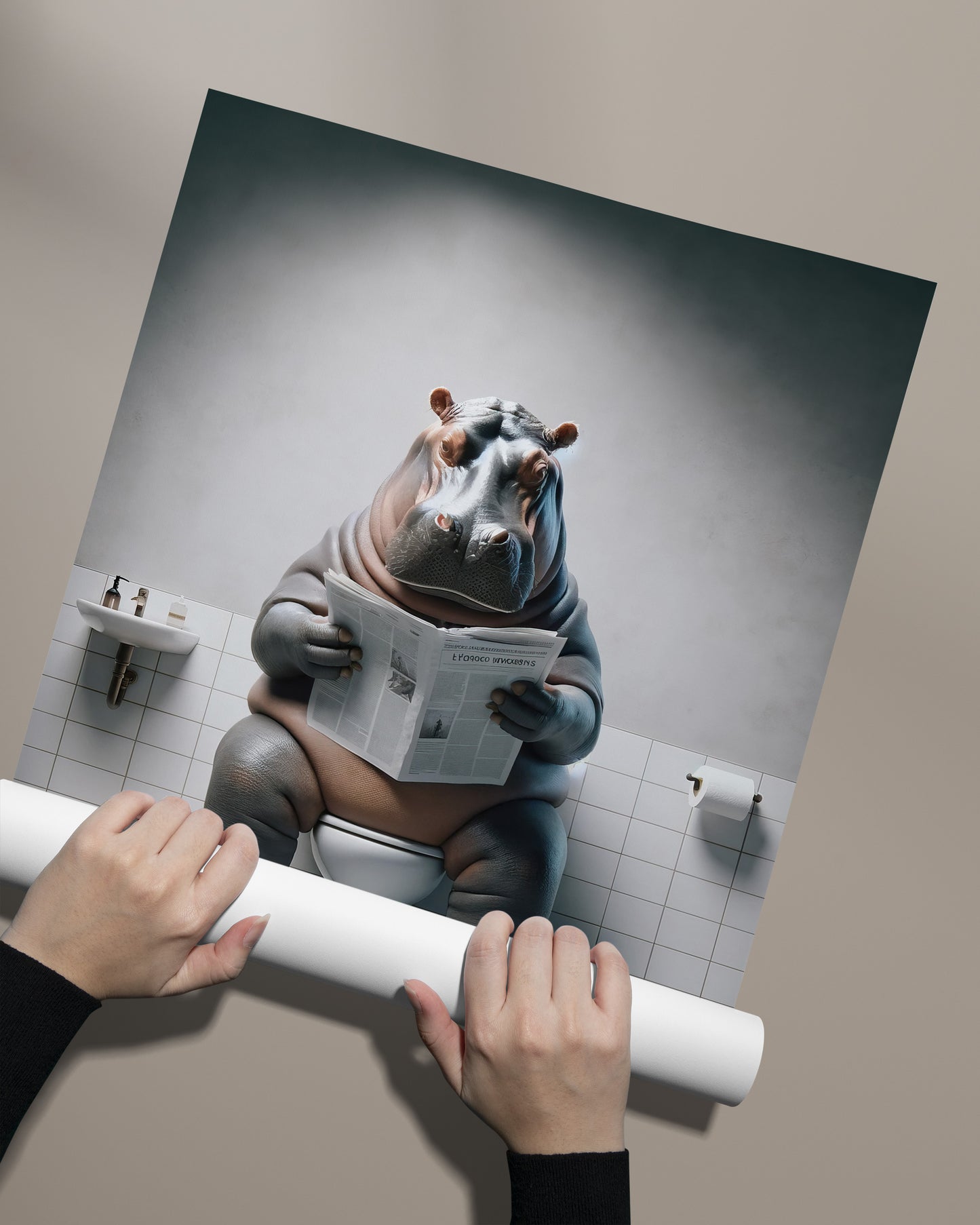 Poster Humour : Hippopotame Lisant aux Toilettes - Décoration WC Amusante - Cadre Déco Salle de Bain - Cadeau Original
