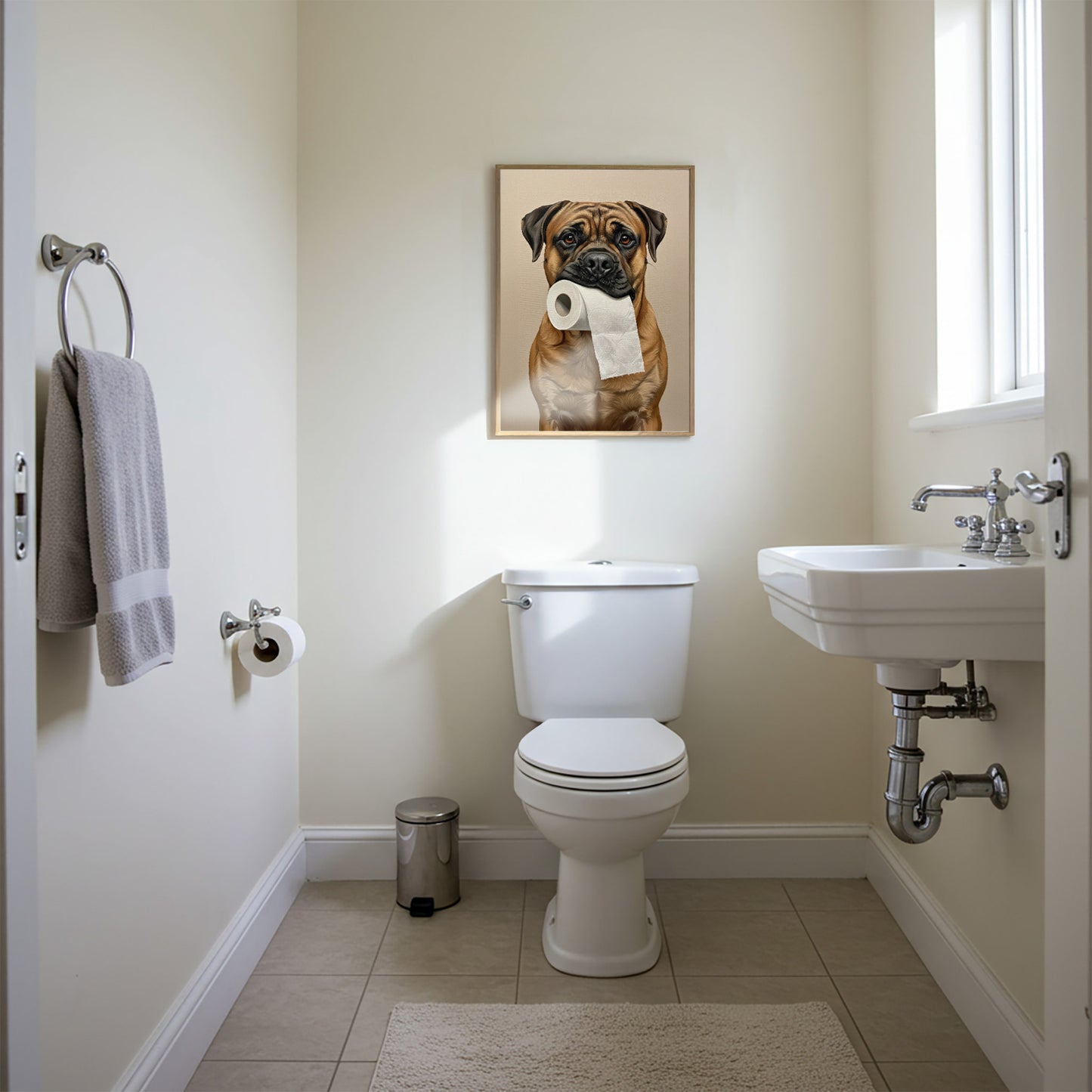 Poster Bullmastiff drôle pour toilettes – Affiche chien humour WC, décoration murale, cadeau original encadré pour salle de bain