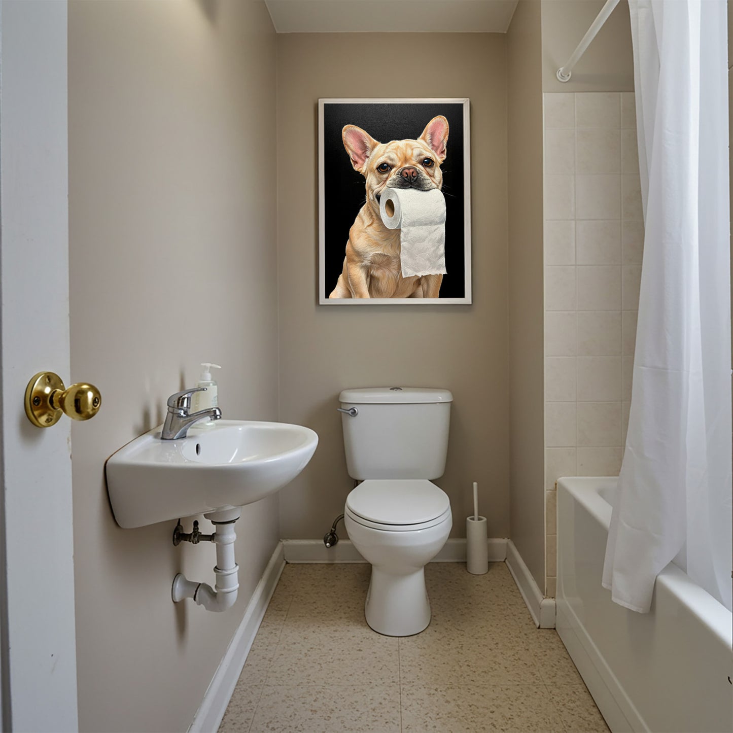 Poster Bouledogue Français Crème Humoristique pour Toilettes – Déco WC, Cadeau Bulldog, Affiche Murale Encadrée Modern