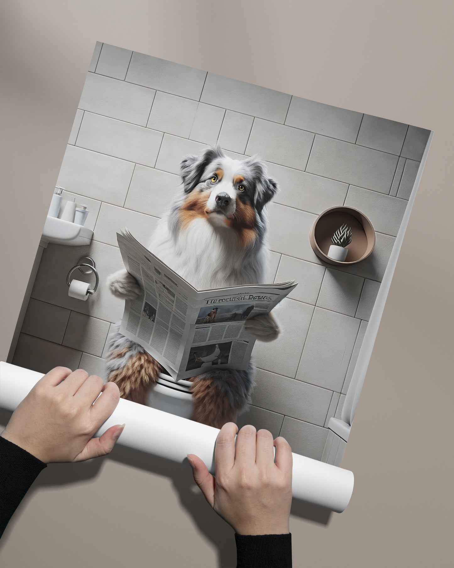 Poster berger australien lisant le journal déroulé à la main sur fond taupe