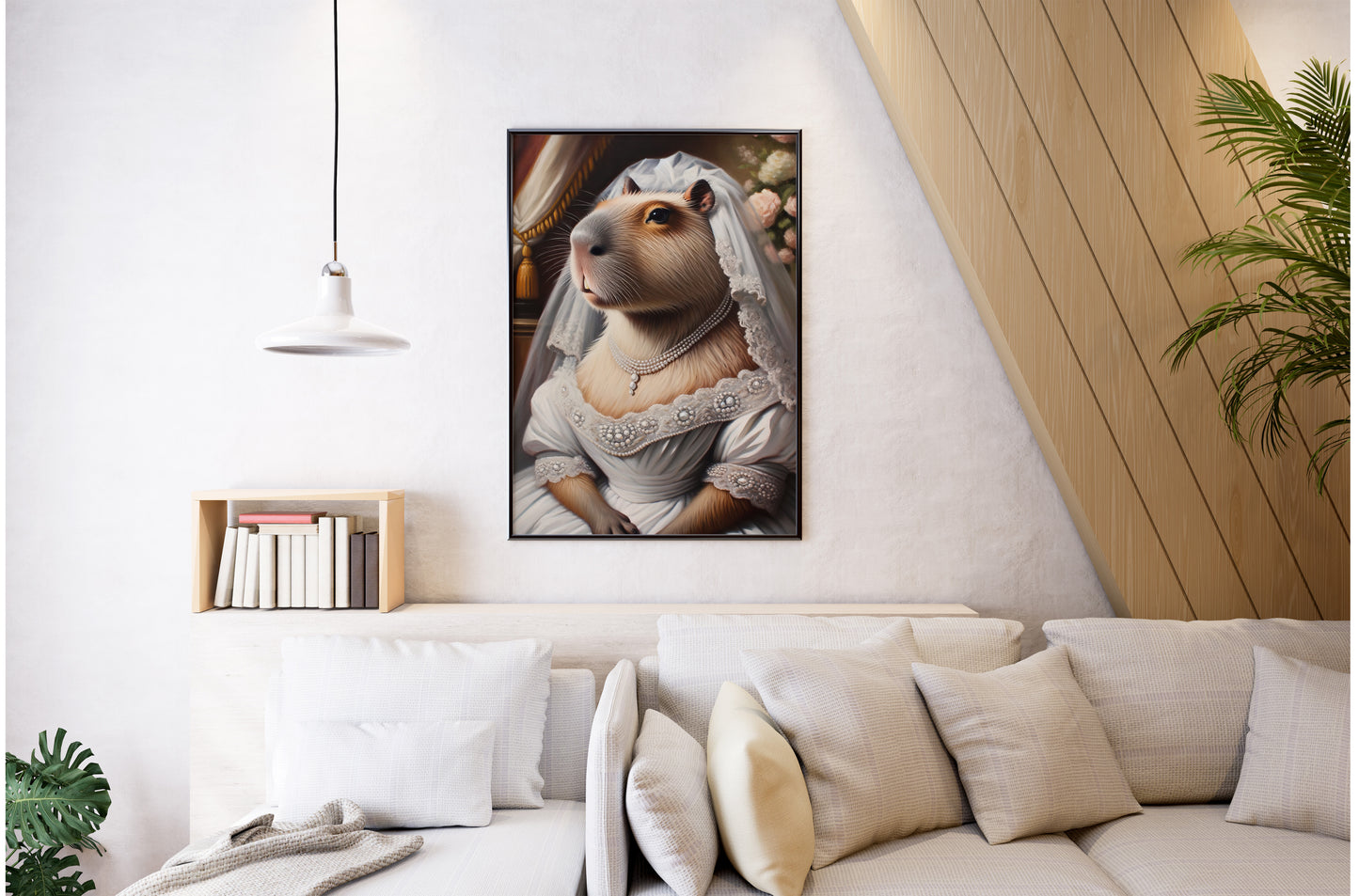 Poster capybara mariée en cadre noir au-dessus d'un canapé blanc, pièce mansardée